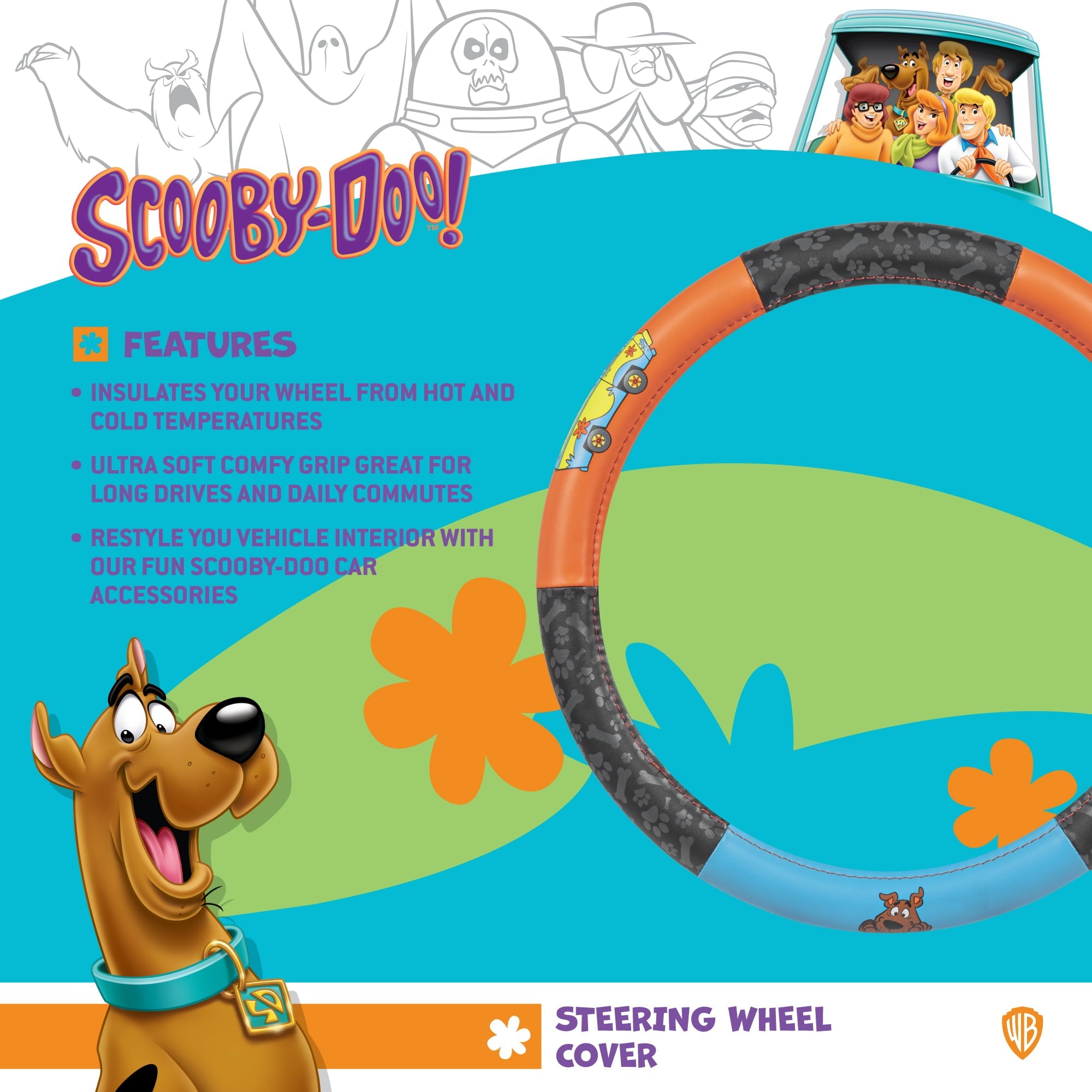 Scooby Doo Car Steering Wheel Cover - Universal Fit Steering Wheel Cover with Officially Licensed Warner Brothers Graphics, Great Automotive Accessory Gift Idea for Fans