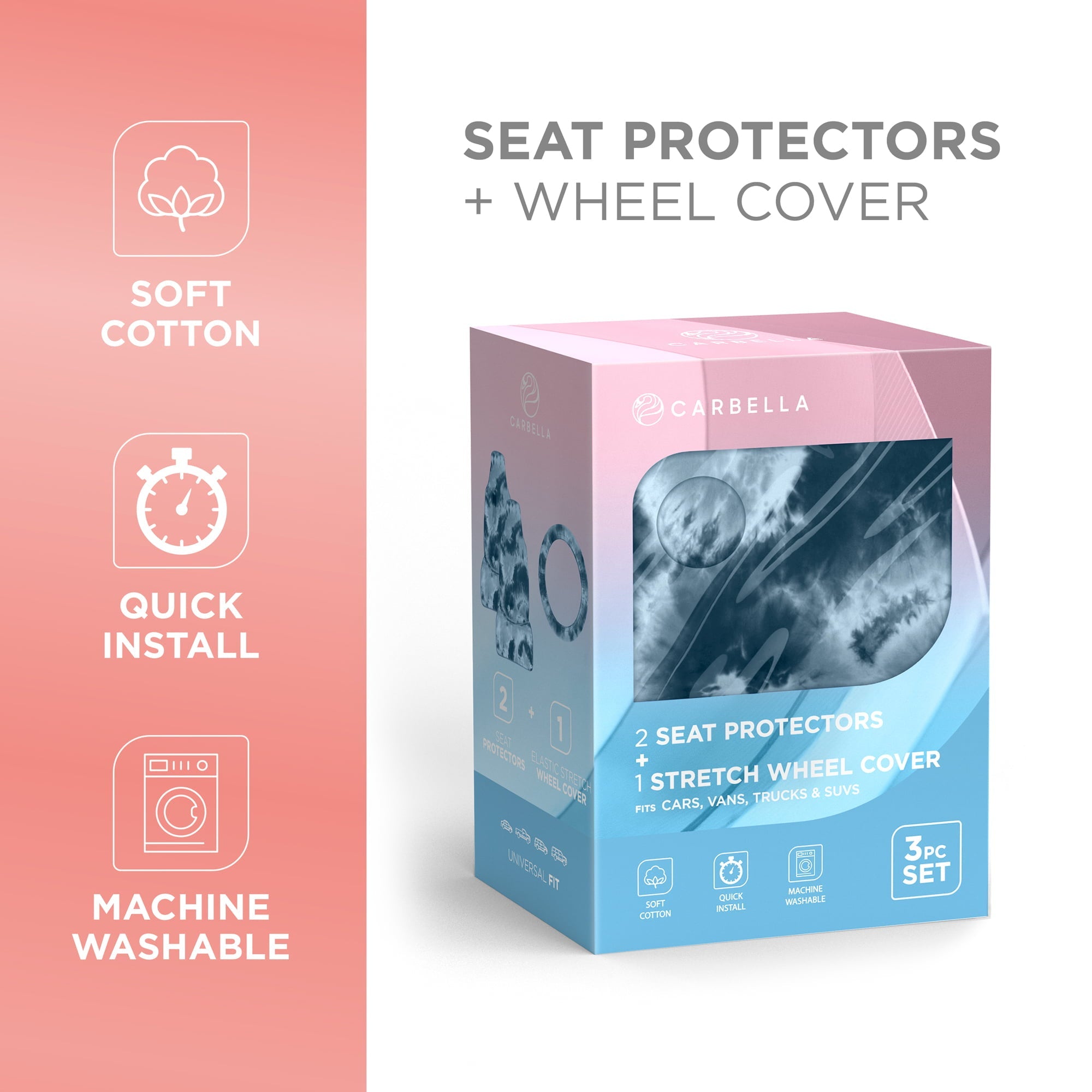 Carbella Tie-Dye Car Seat Covers, Blue Seat Covers for Cars with Matching Steering Wheel Cover, Cute Automotive Interior Covers for Trucks Van SUV