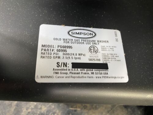 Simpson PowerShot PS60995 Honda 3600 PSI 2.5 GPM Gas Pressure Washer New Open