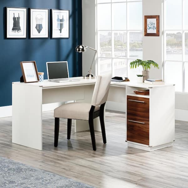 Vista Key 59 in. L-Shaped Pearl Oak with Blaze Acacia Engineered Wood 2-Drawer Desk