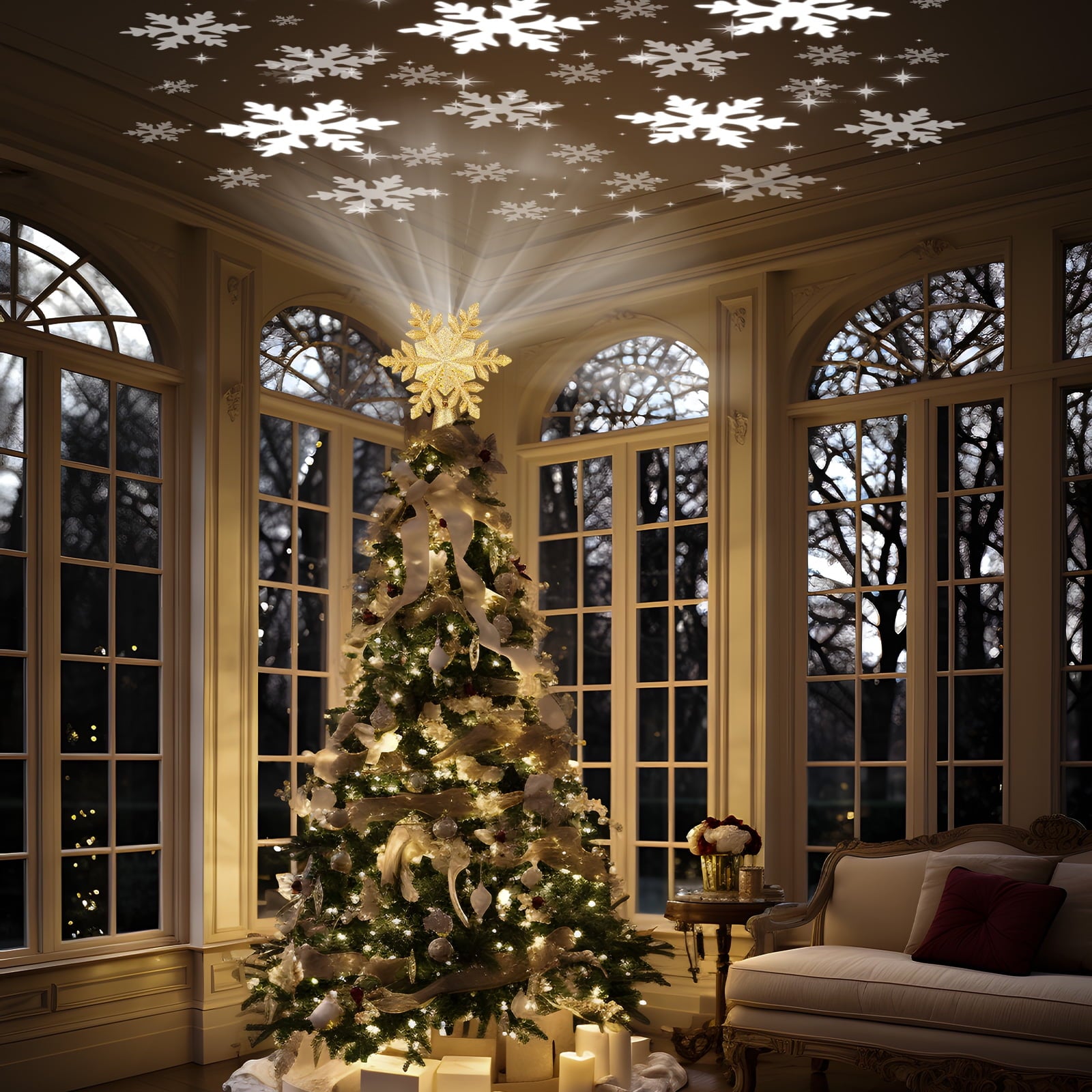 Christmas Tree Topper Lighted with Built-in Projection, 3D Glitter LED Treetop Projector for Christmas Tree, Xmas/Holiday/Winter Home Wonderland Party Ornament - Gold