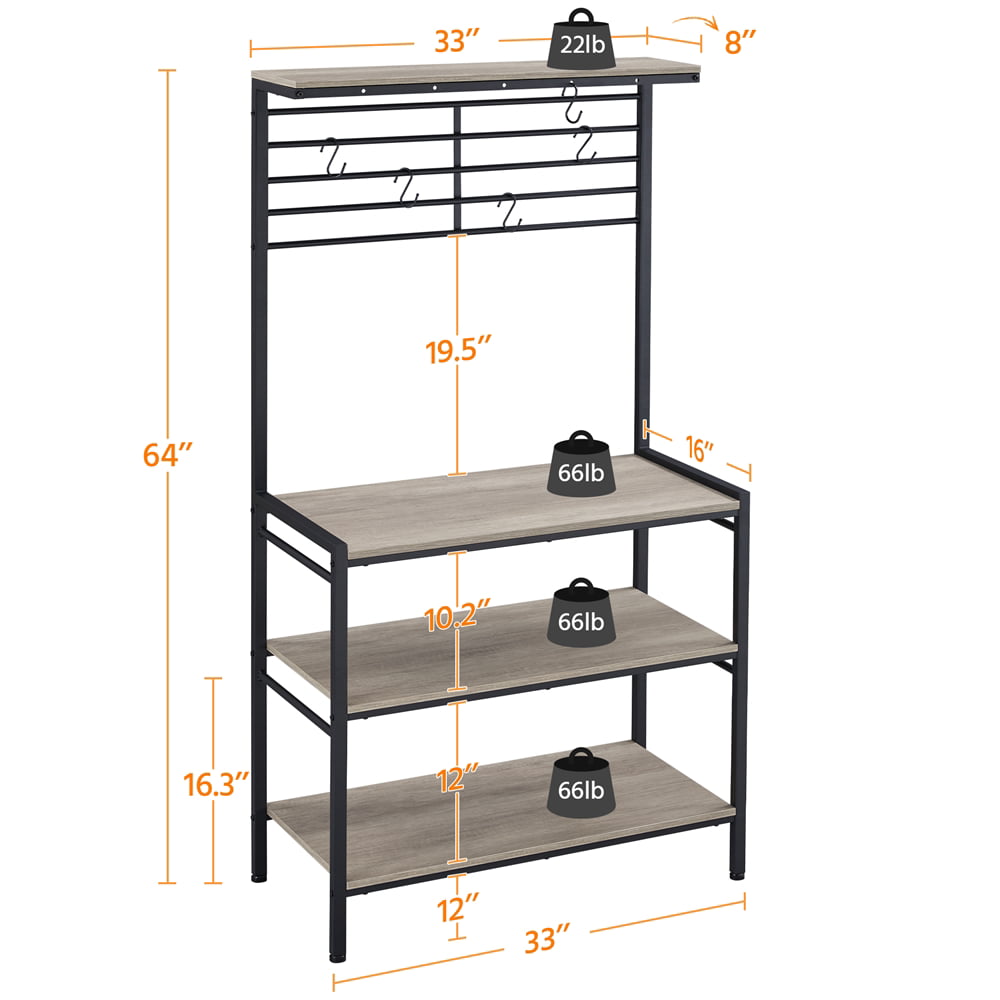 Topeakmart 4-tier Kitchen Baker's Rack Kitchen Microwave Oven Stand with High Display Shelf and 5 S-Shape Hooks, Gray