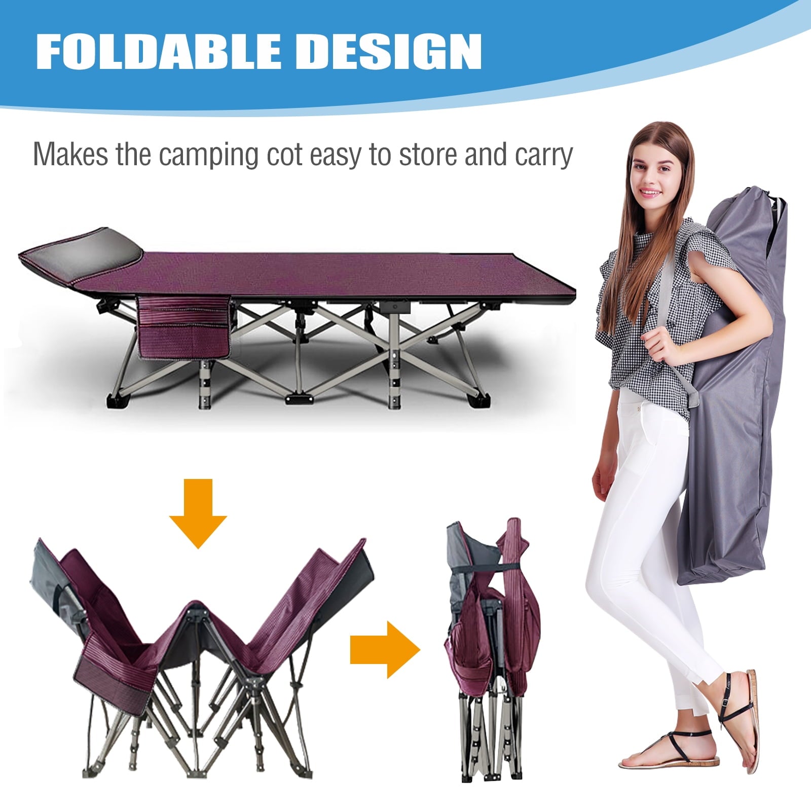 MOPHOTO Camping Cot, Portable Folding Cots for Adults, Heavy Duty Outdoor Sleeping Bed with Pearl Mattress&Carry Bag for Camping/Hiking/Home