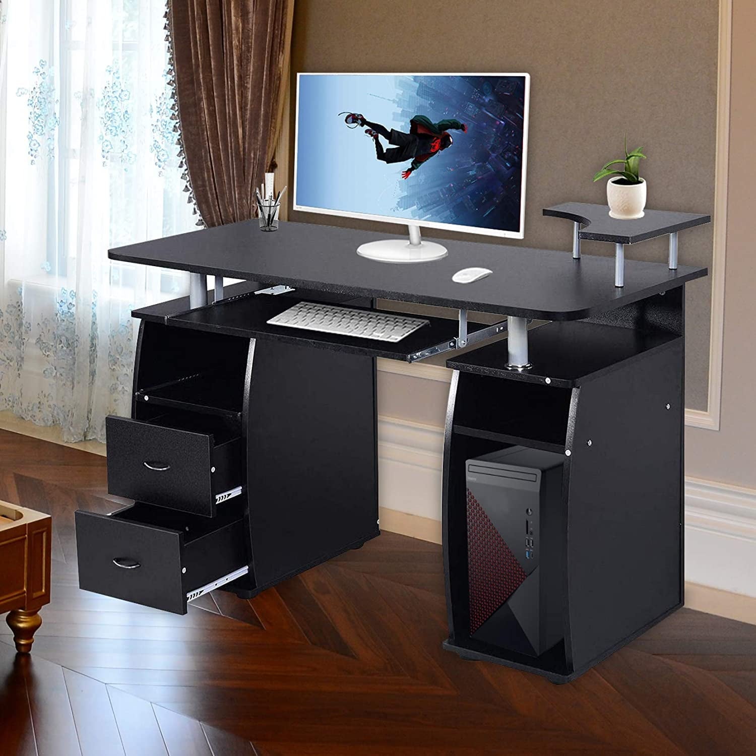 Ktaxon Black Home Office Computer PC Desk Table Work Station,Office Home Raised Monitor & Printer Shelf Furniture