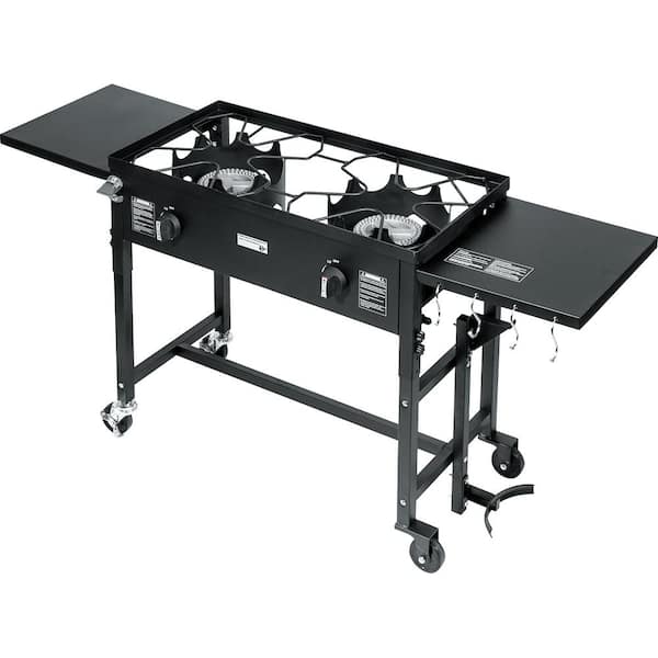 58,000 BTU Outdoor Camping Propane Double Burner Stove Cooking Station with Drop-Down Side Tables