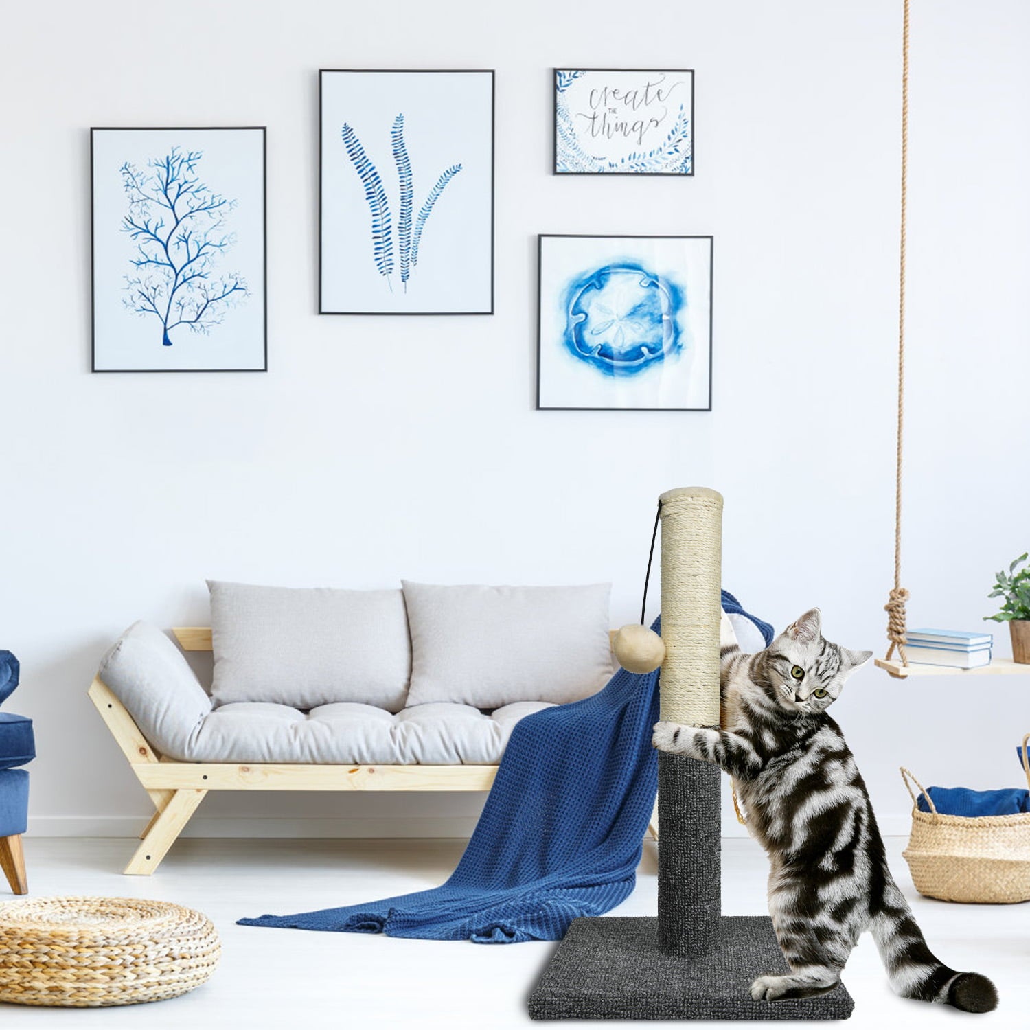 LONGRV Cat Scratching Post, Natural Sisal Scratcher Board, Cat Interactive Toys,20.5Inch