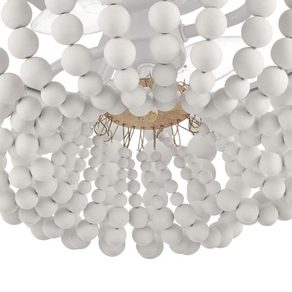Cayman 13 in. 2-Light White and Faux Wood Beaded Flush Mount Ceiling Light Fixture with White Beaded Shade