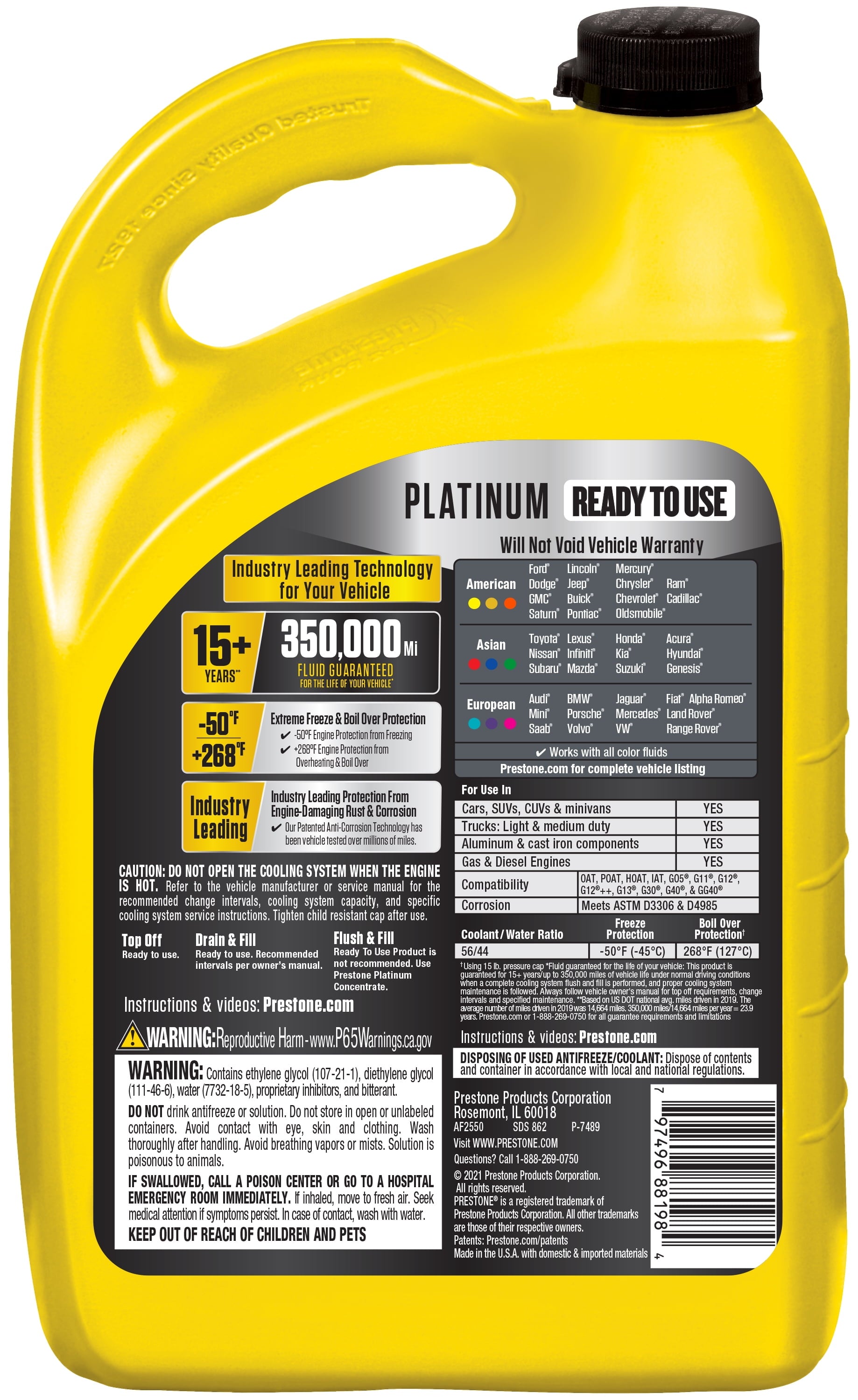 Prestone Platinum Univ Antifreeze+Coolant; 15yr/350k Mi, 1G - Ready to Use 50/50