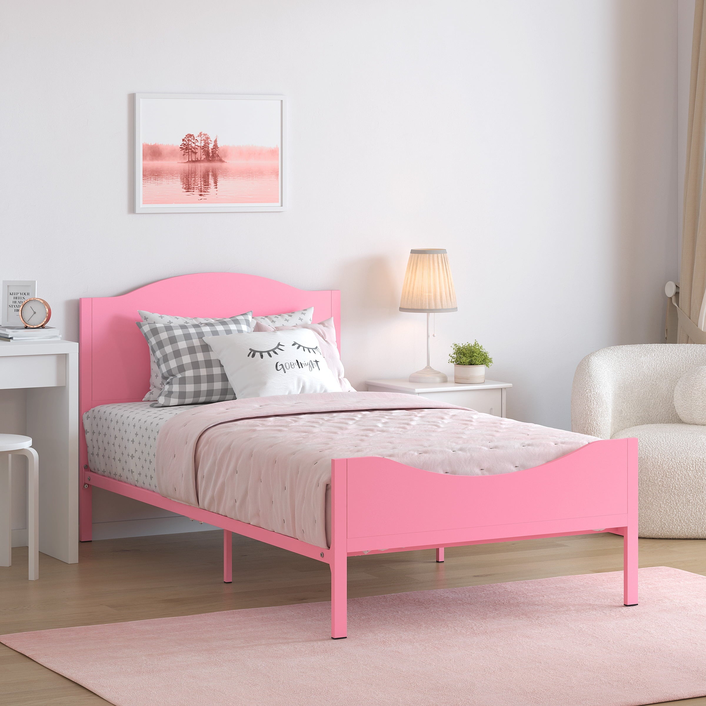 Yoneston Kids Twin Metal Platform Bed Frame with Wood Headboard for Girls, Toddler, Kids, and Teens, Pink Finish