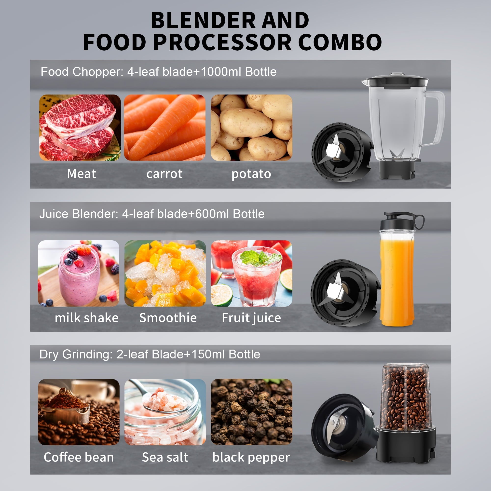 VAVSEA 1000W Smoothie Bullet Blender for Shakes and Smoothies, 3 IN1 Kitchen Personal Blenders and Grinder Combo for Protein Drinks, BPA-Free, 2 Speeds & Pulse