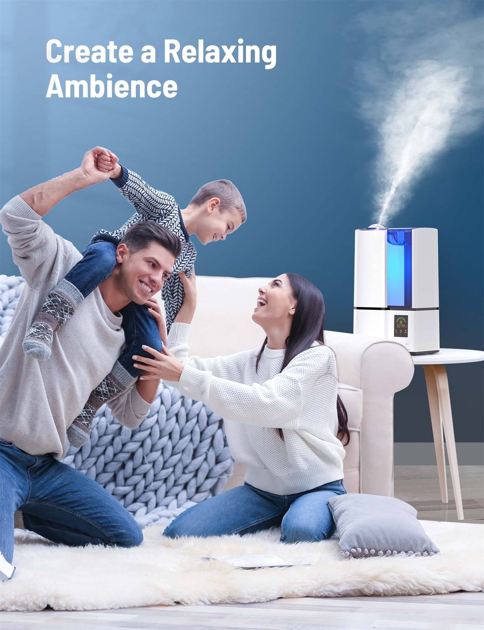 Humidifiers, 4L Cool Mist Ultrasonic Humidifier for Bedroom Home Large Room, LED Display With Humidistat, Waterless Auto Shut-Off Blue (1.06 Gallon, US 110V), White