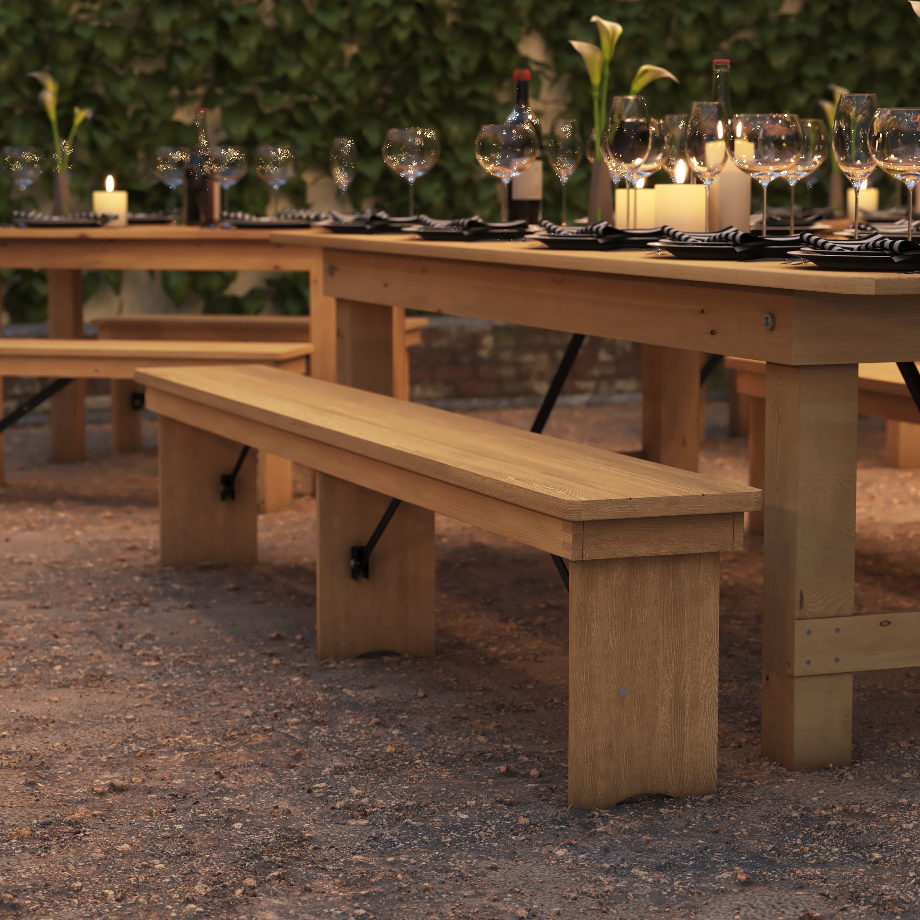 BizChair 8' x 12'' Antique Rustic Light Natural Solid Pine Folding Farm Bench with 3 Legs