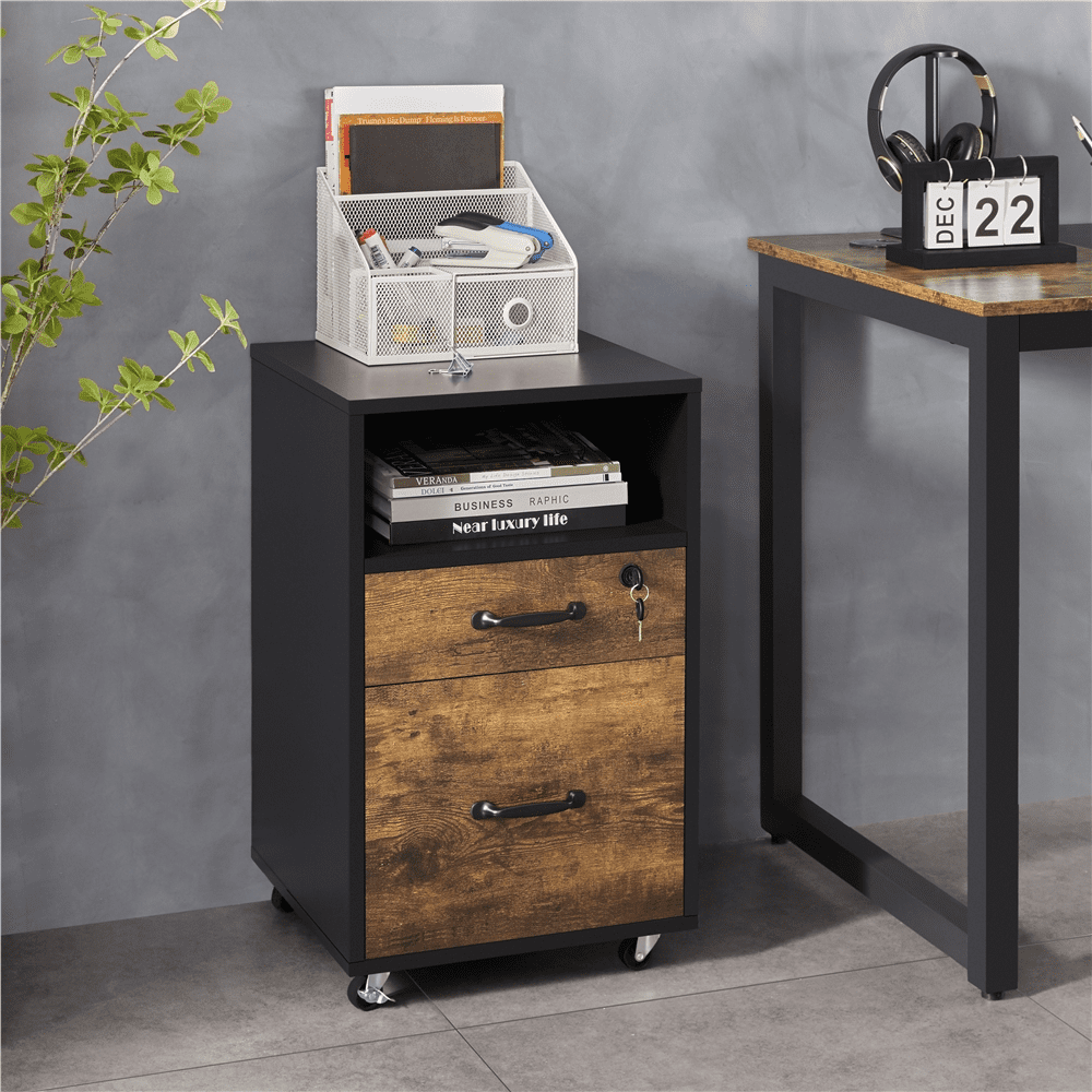 Smile Mart Rolling File Cabinet with 2 Drawers and Shelf, Black/Rustic Brown