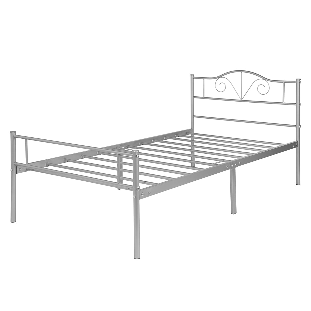 Geniqua Twin Size Bed Frame Steel Silver Foundation Vintage Headboard Footboard Foundation Tool Free No Box Spring Needed