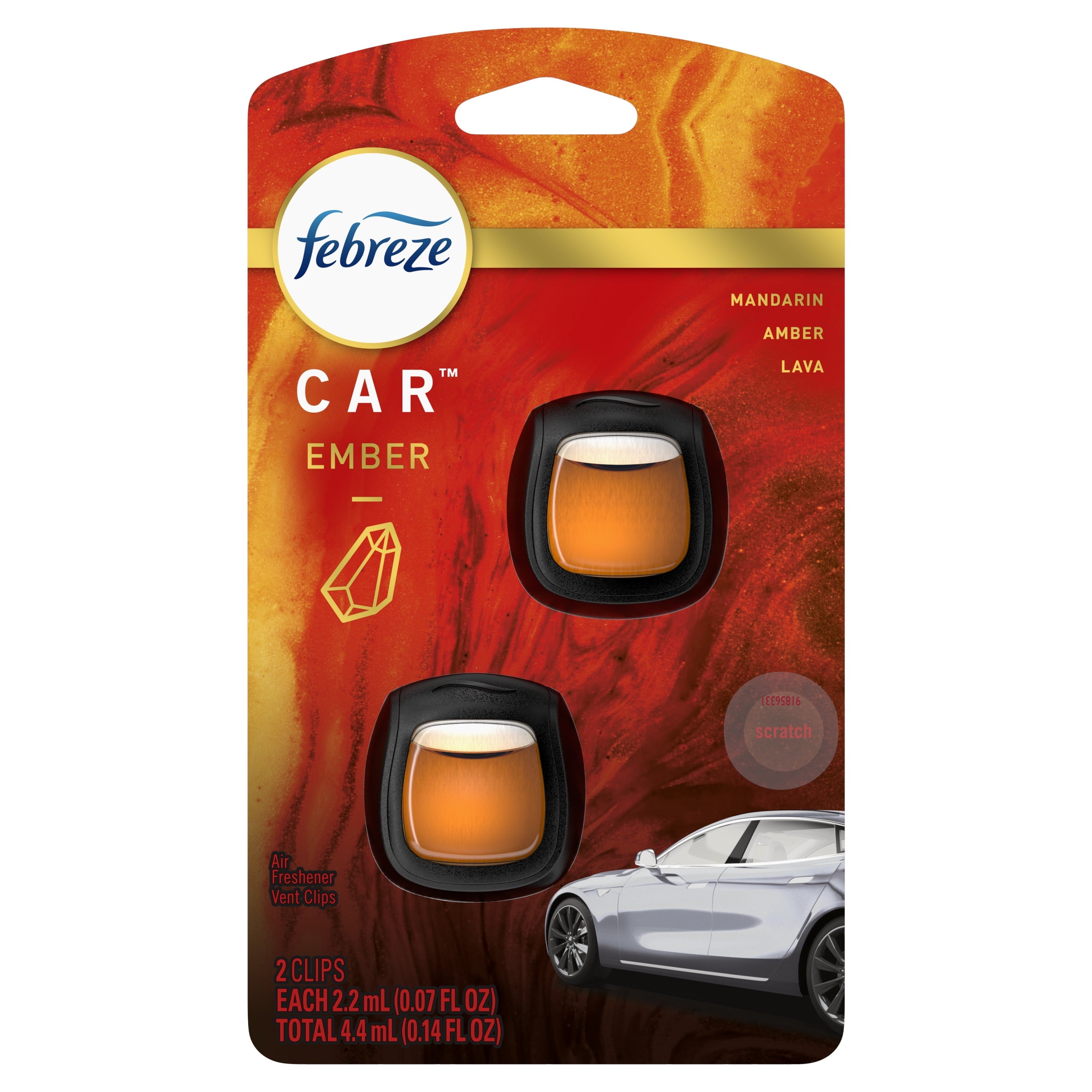 Febreze Car Ember Scent Air Freshener Vent Clip, .07 oz. Car Vent Clip, Pack of 2