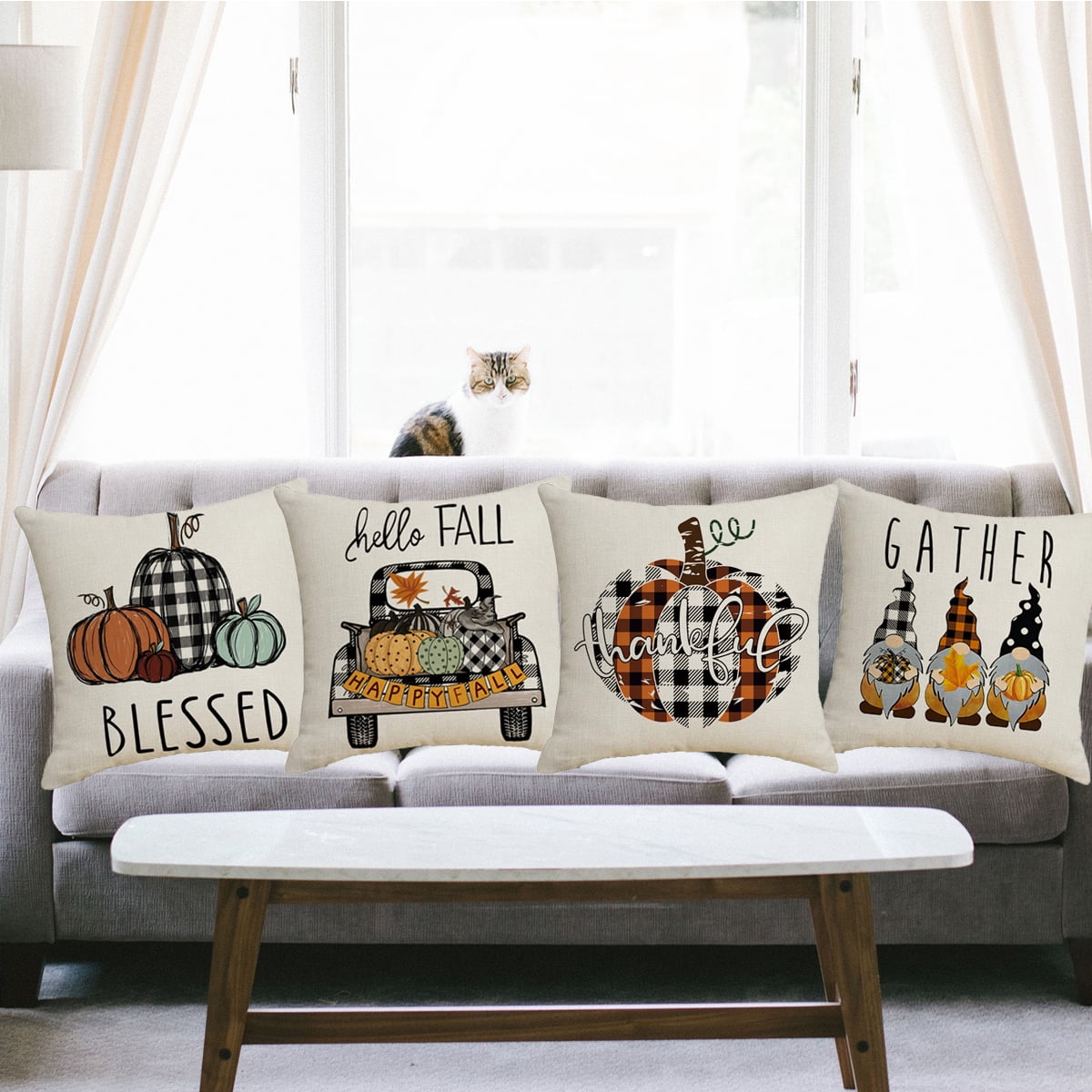 Thanksgiving Throw Pillow Covers for Thanksgiving Decor Farmhouse Buffalo Check Plaid Pumpkin Outdoor Pillows for Thanksgiving day Home Decor 18x18 in, Set of 4