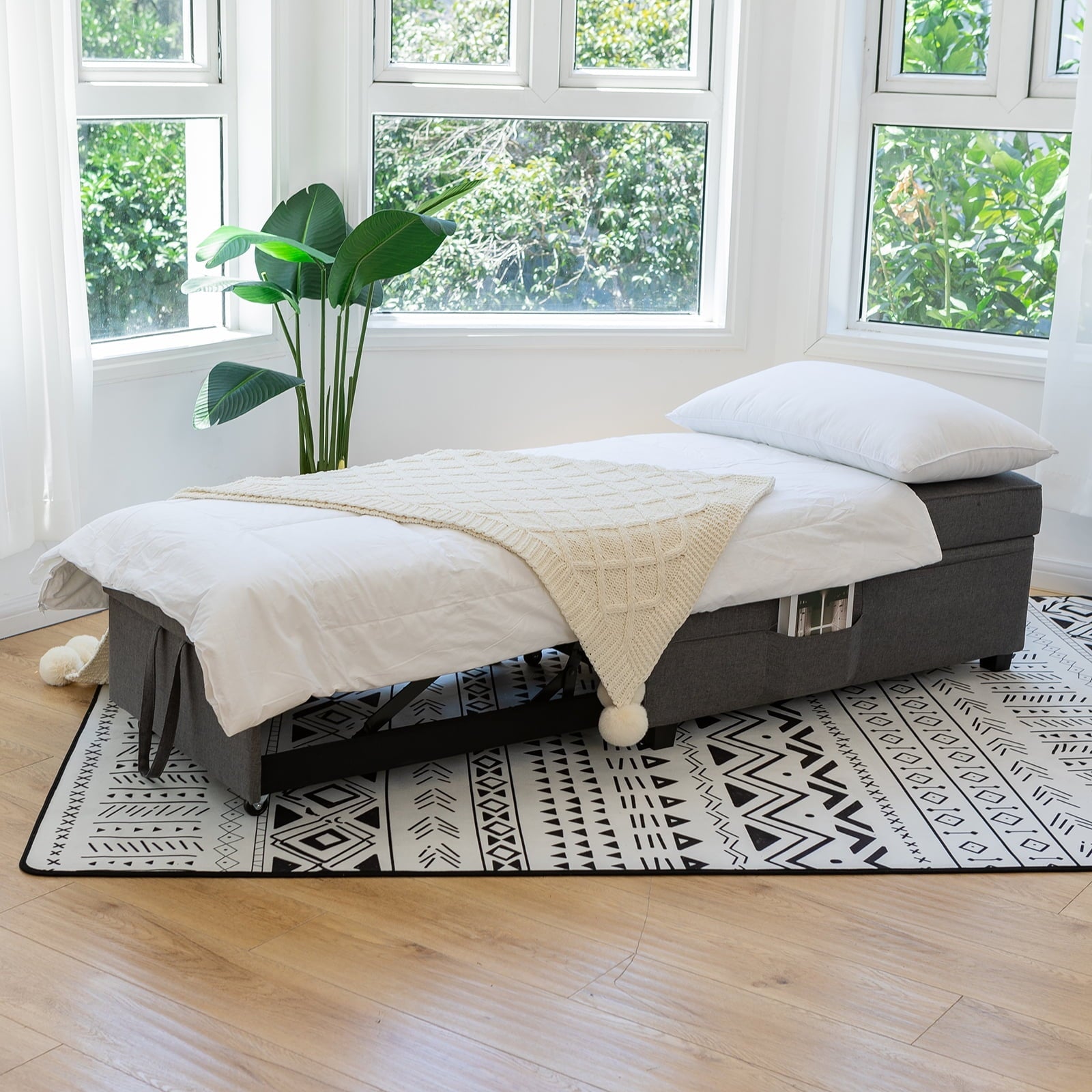 Cynefin Sleeper chair - ottoman bed, chair beds sleeper, 4 in 1 convertible chairs into beds with Lumbar Pillow 3 Side Pockets Linen Fabric Tufted for Living Room Grey