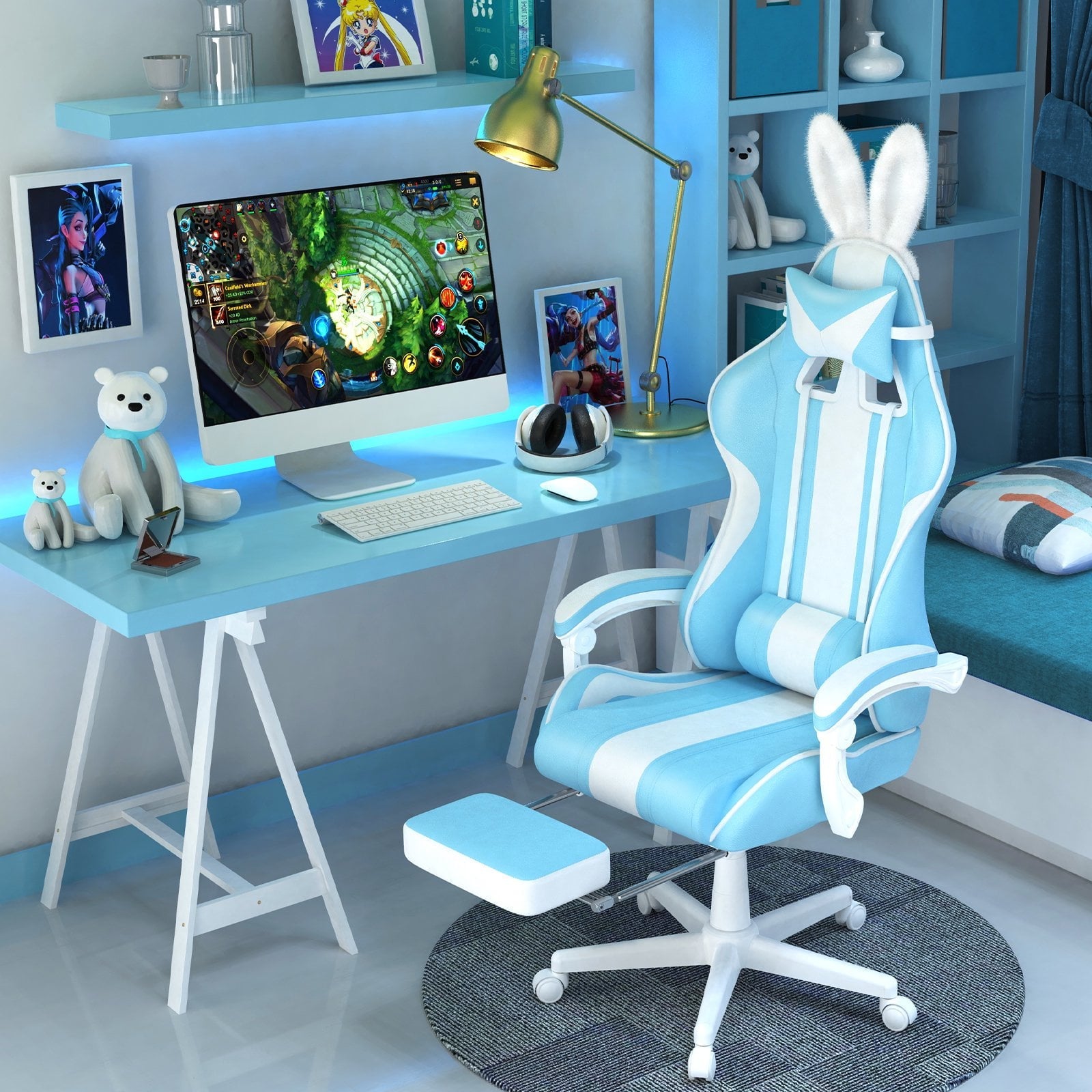 Ferghana Gaming Chair Office Chair, Computer Chair with Footrest & Adjustable Massage Lumbar Pillow, Ergonomic High Back Leather Game Desk Chair, Sky Blue