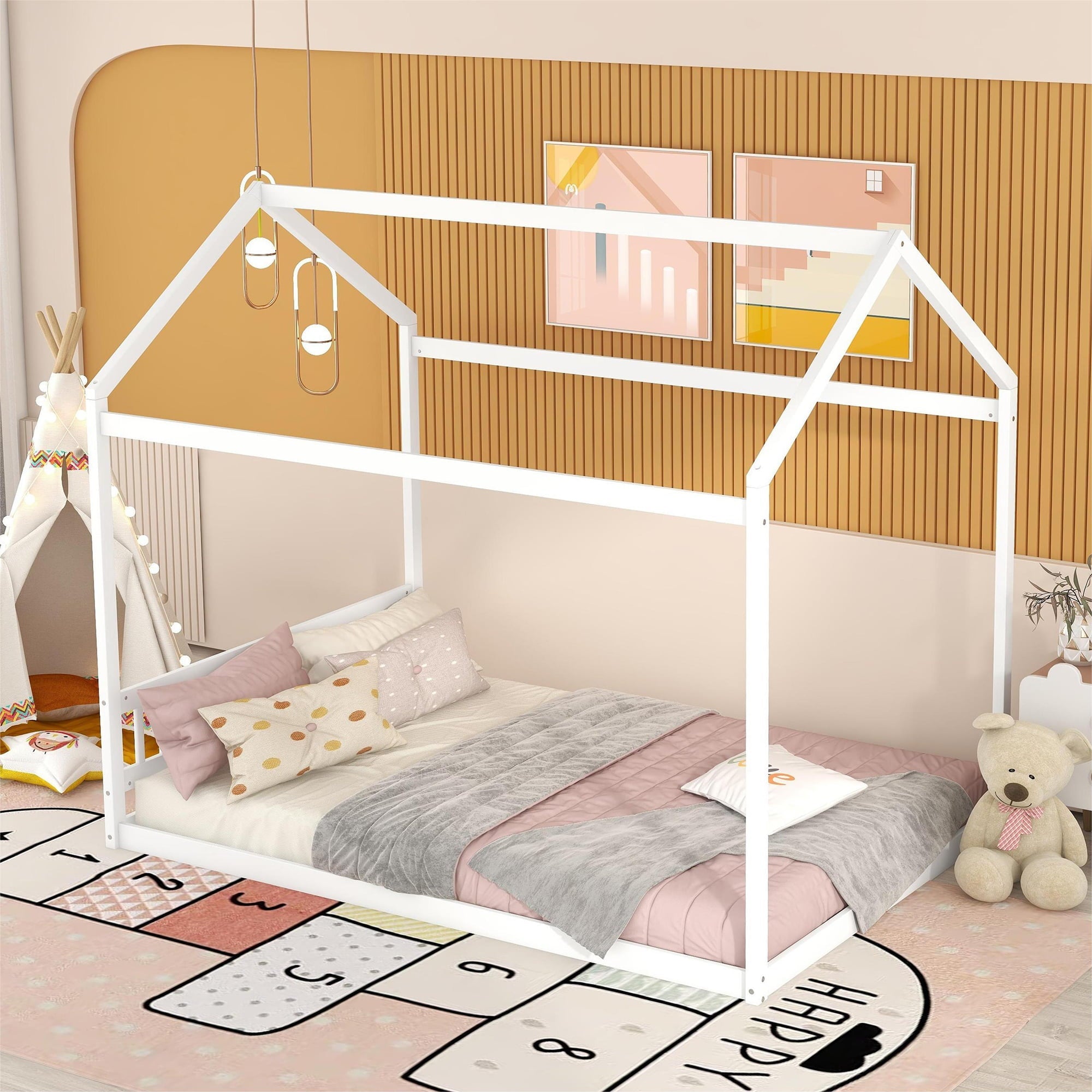 Pine Wood Queen Size House Shaped Canopy Bed for Bedroom, White