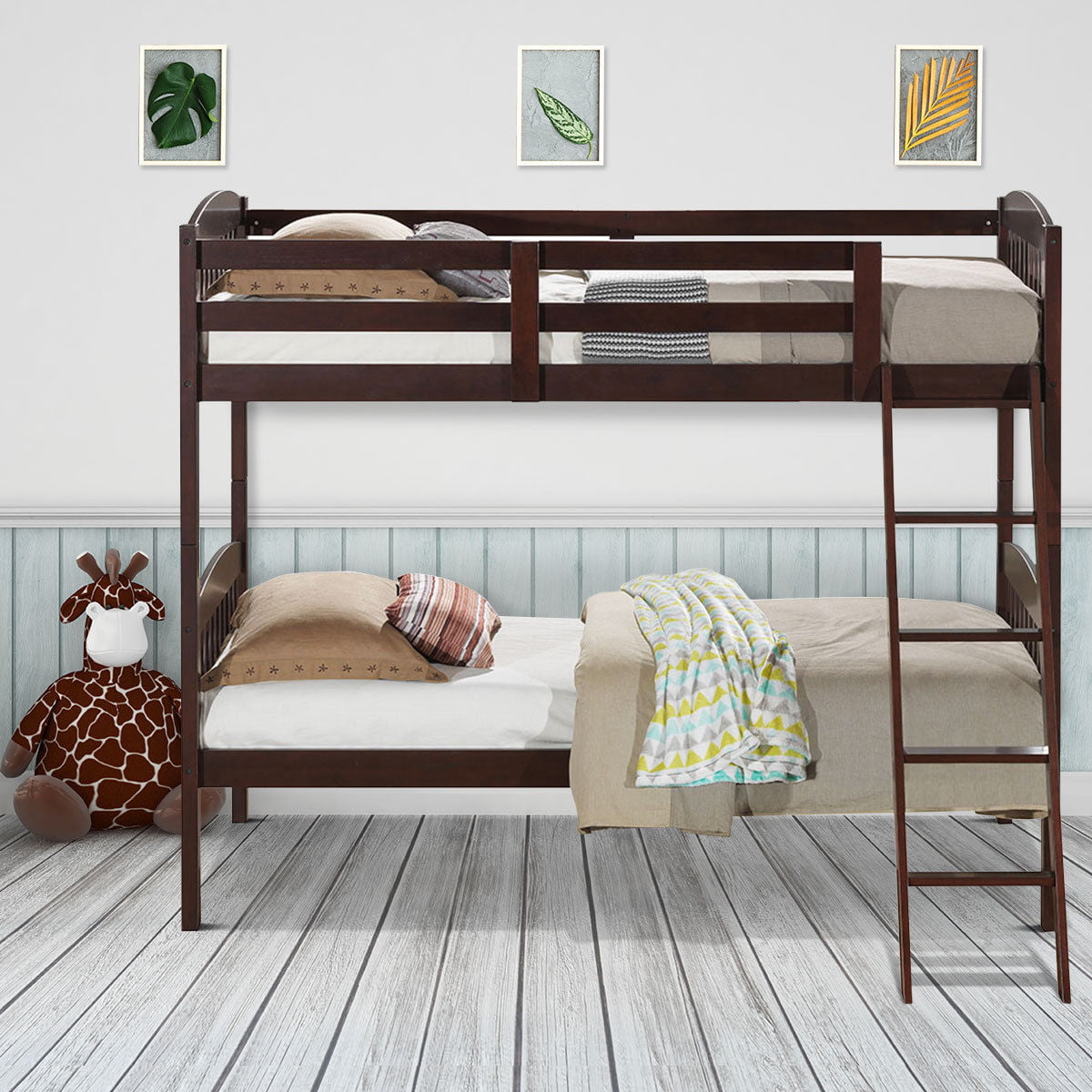 Costway Wood Solid Hardwood Twin Bunk Beds Detachable Safety Rail