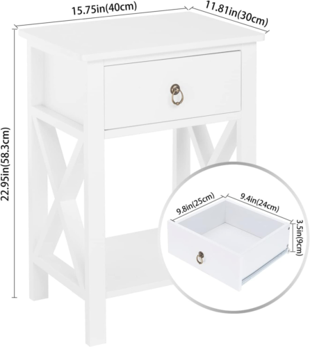 Bonnlo White Nightstand with Drawer and Shelf, Farmhouse Night Stands