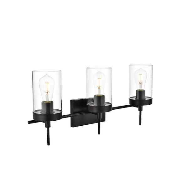 Simply Living 24 in. 3-Light Modern Black Vanity Light with Clear Cylinder Shade