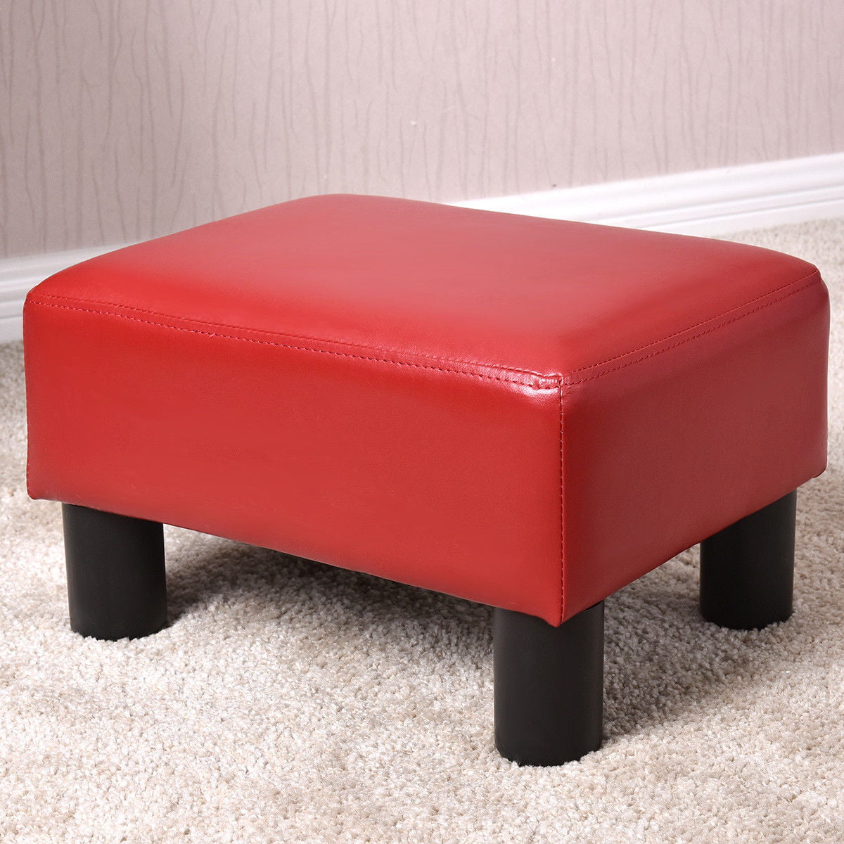 Costway Small Ottoman Footrest PU Leather Footstool Rectangular Seat Stool Red