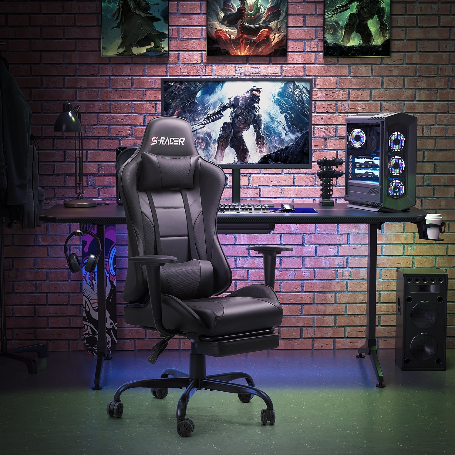 Homall Gaming Chair Massage Office Chair High Back PU Leather Chair with Footrest, Black