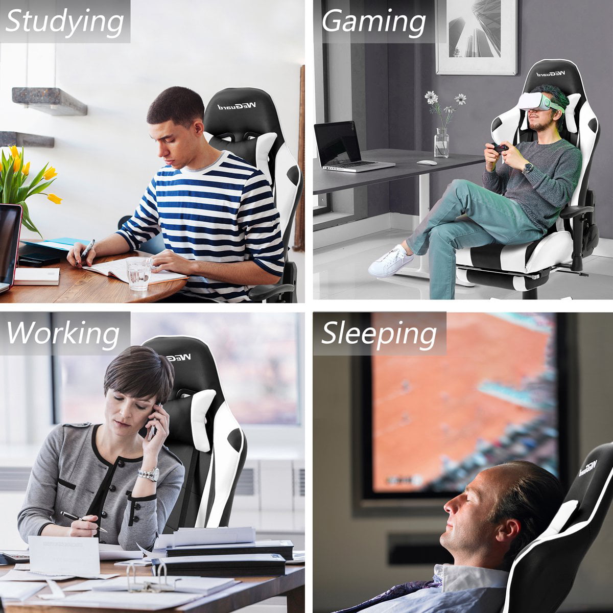 Gaming Chair with Footrest and Ergonomic Lumbar Massage Pillow PU Leather Office Chair
