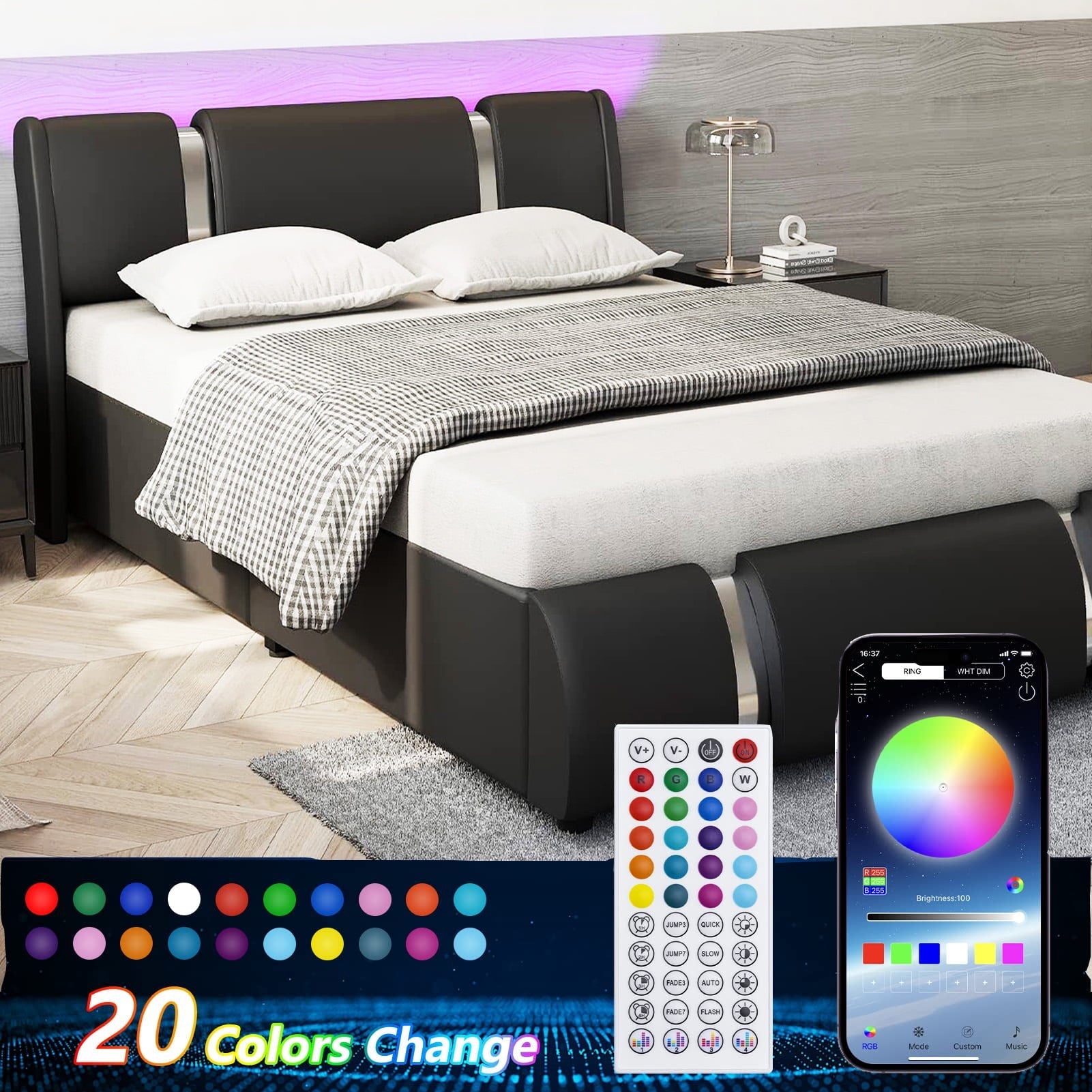 Queen Size Bed Frame with LED Light Headboard, Modern Faux Leather Platform Bed Frame Deluxe Upholstered Bed with Curved Backrest(Black-Queen)