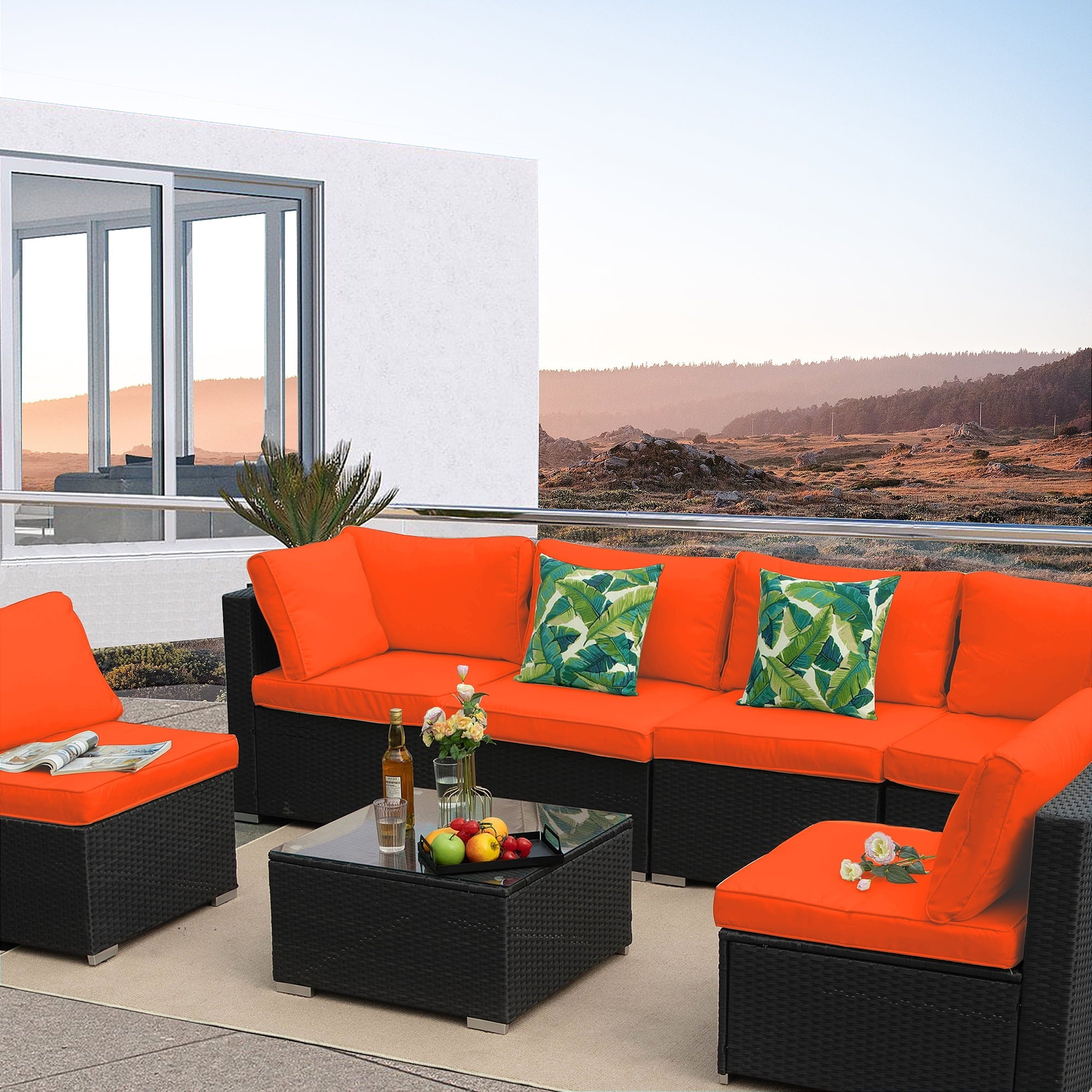 Olmia 7 Piece Patio Furniture sets PE Rattan Wicker Sectional Sofa Set, with Tea Table and Washable Couch Cushions, for Garden Poolside＆Patio, Black+Orange