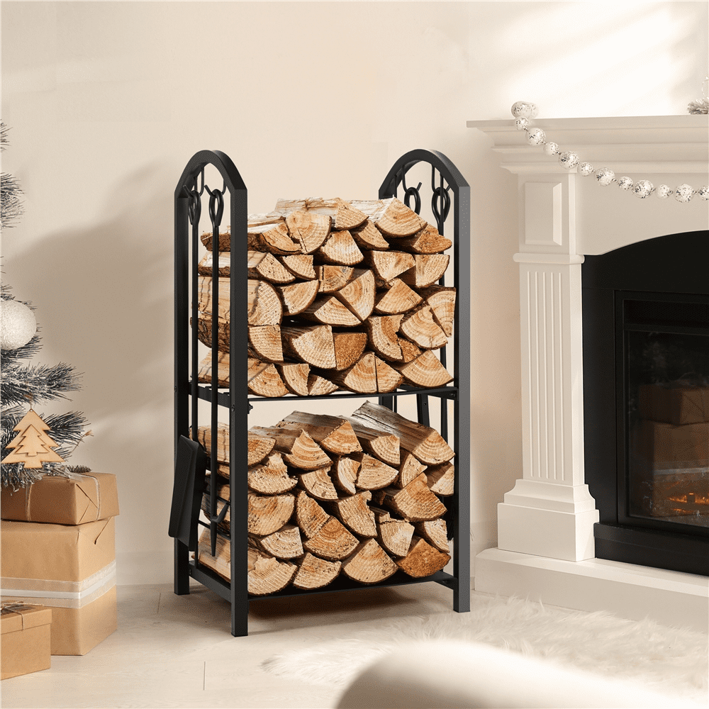 Yaheetech 2 Tiers Firewood Rack with 4 Tools Sets,Black