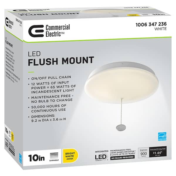 10 in. White Closet Light with Pull Chain LED Flush Mount Ceiling Light 900 Lumens 4000K Bright White
