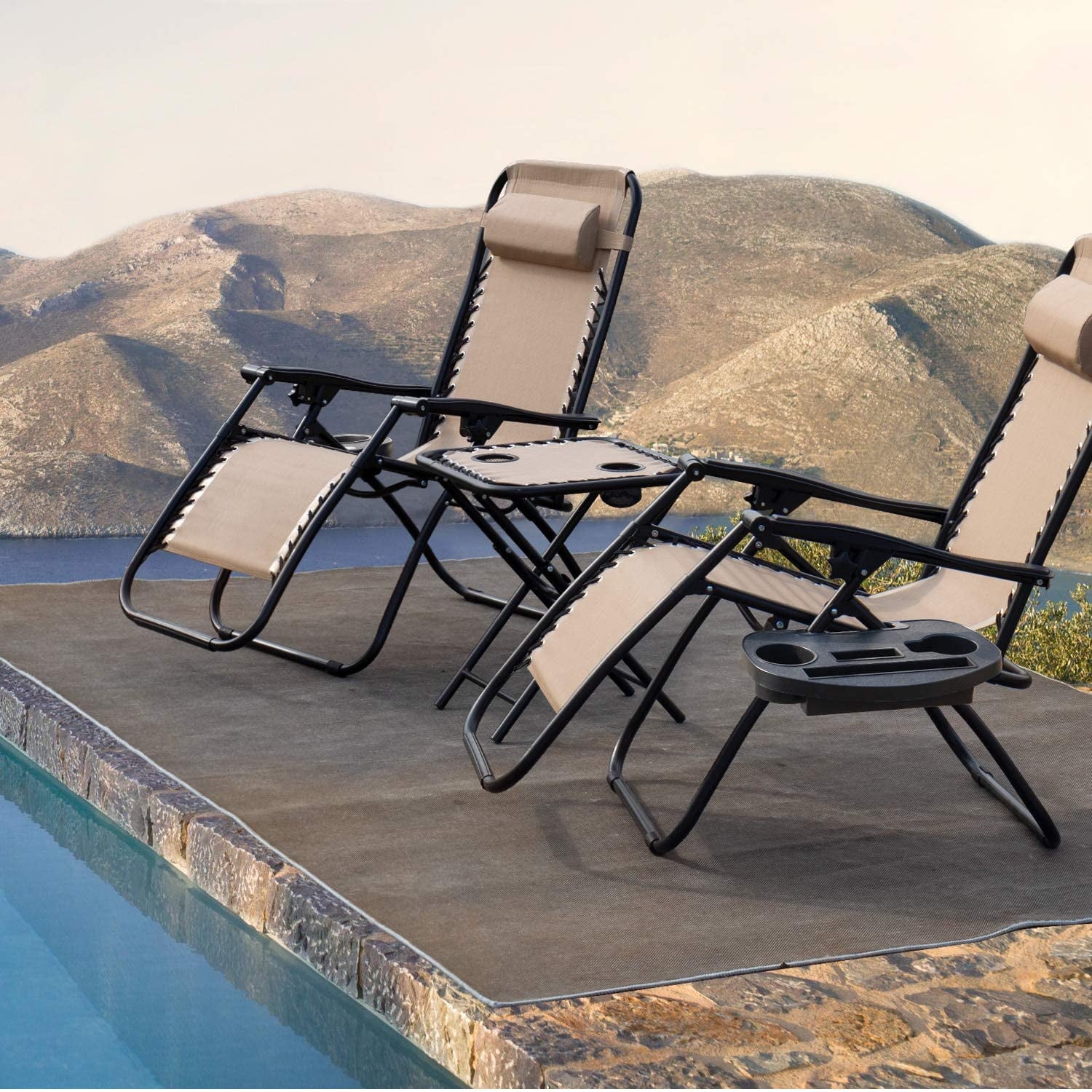 Vineego 3 Pieces Zero Gravity Chair Patio Foldable Chaise Lounge Chairs 2 Beach Chairs and Table with Cup Holders,Beige