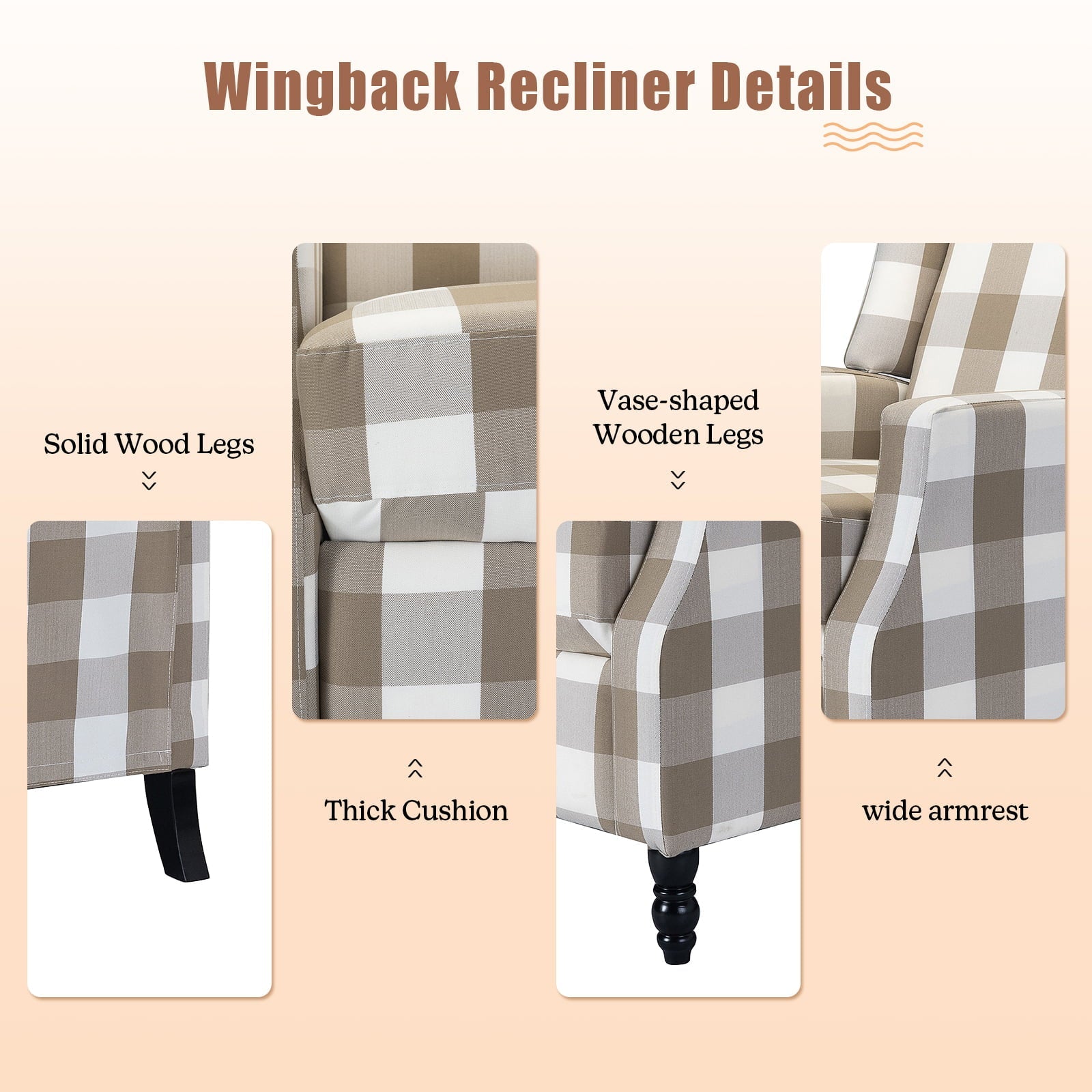 14 Karat Home Home Theater Recliner Chair with Padded Seat & Footrest, Beige Plaid