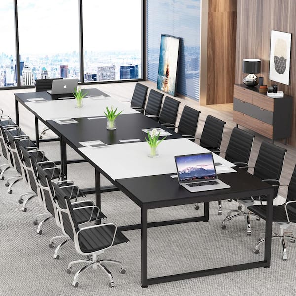 Cassey 94.48 in. Rectangular Black/White Engineered Wood and Metal Computer Desk Conference Table Meeting Seminar Table