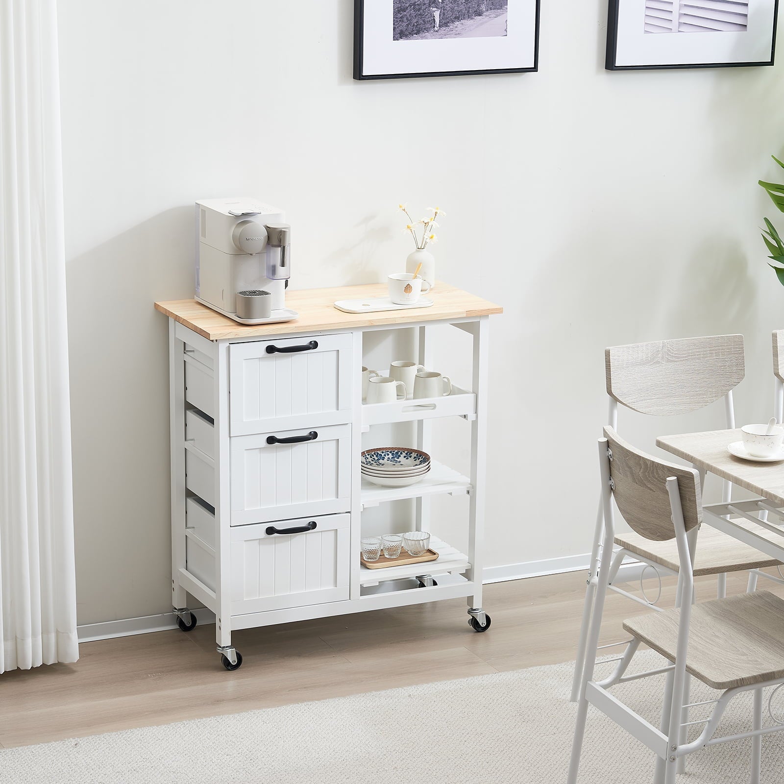 Ktaxon Wood Kitchen Trolley Cart Rolling Kitchen Island Cart Bar Cabinet Table with Drawers and Shelf White