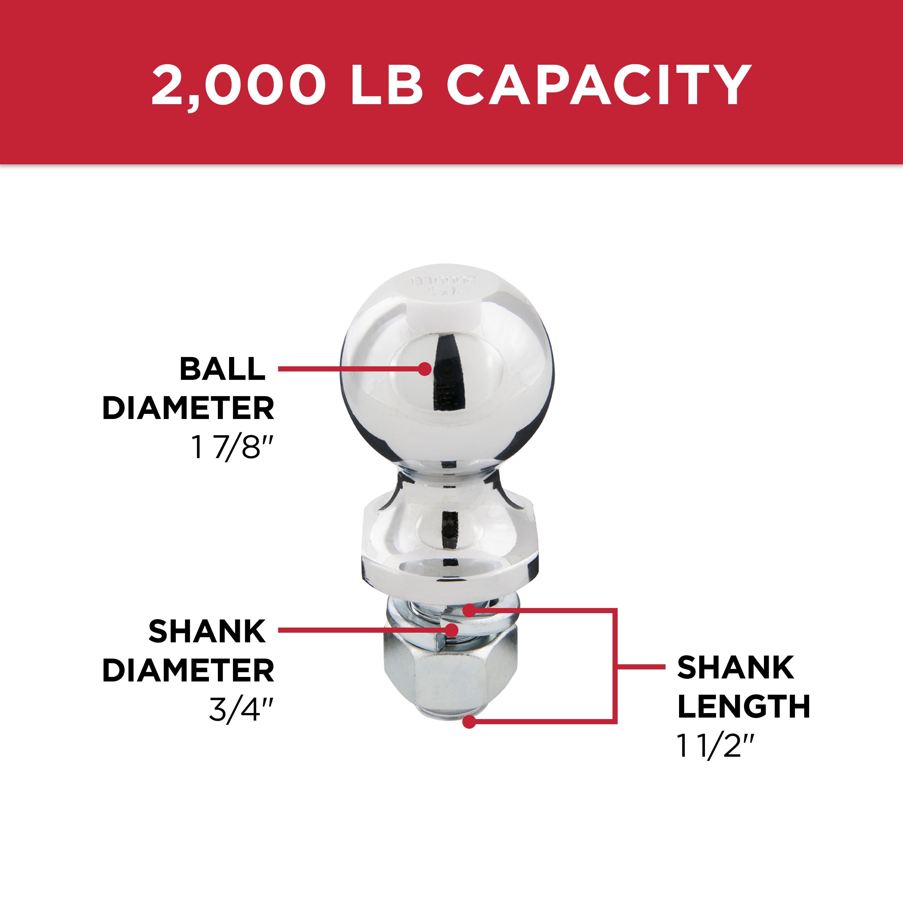TowSmart Trailer Hitch Ball, Class I, 1-7/8in Ball, 3/4in x 1-1/2in Shank, 2000lb, 715, Chrome, 1 Each