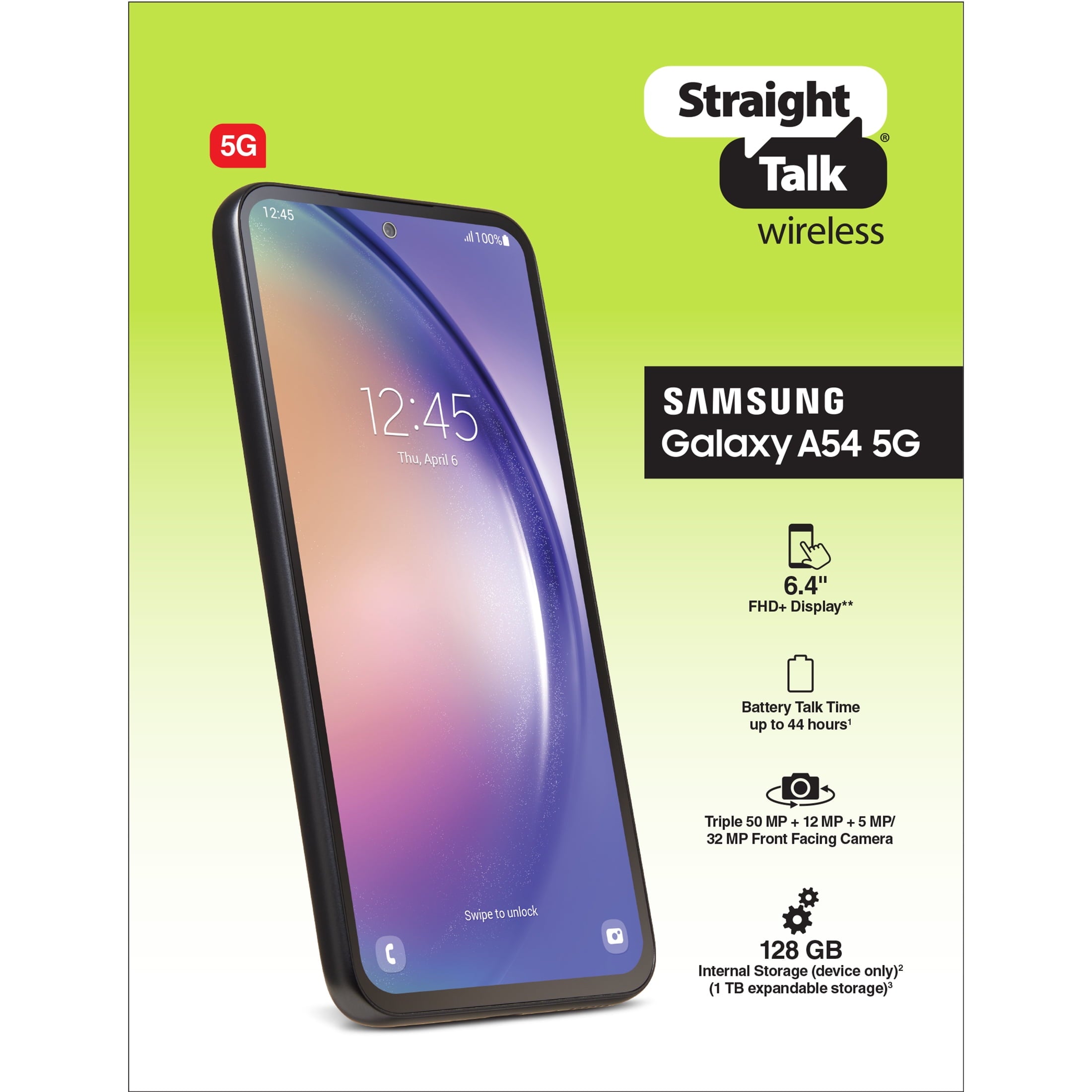 Straight Talk Samsung Galaxy A54, 5G, 128GB, 6GB Ram, Black- Prepaid Smartphone [Locked to Straight Talk]