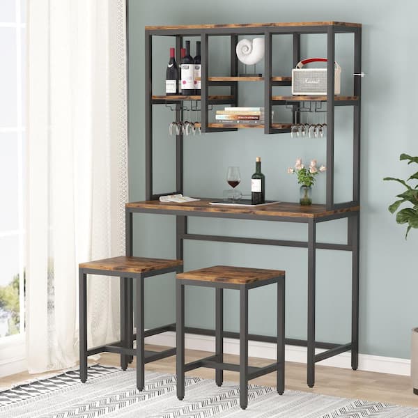 Bryan 75 in. Vintage Brown Wood Bar Table Set, Industrial Wine Rack Table with Glass Holder and 2-Bar Stools