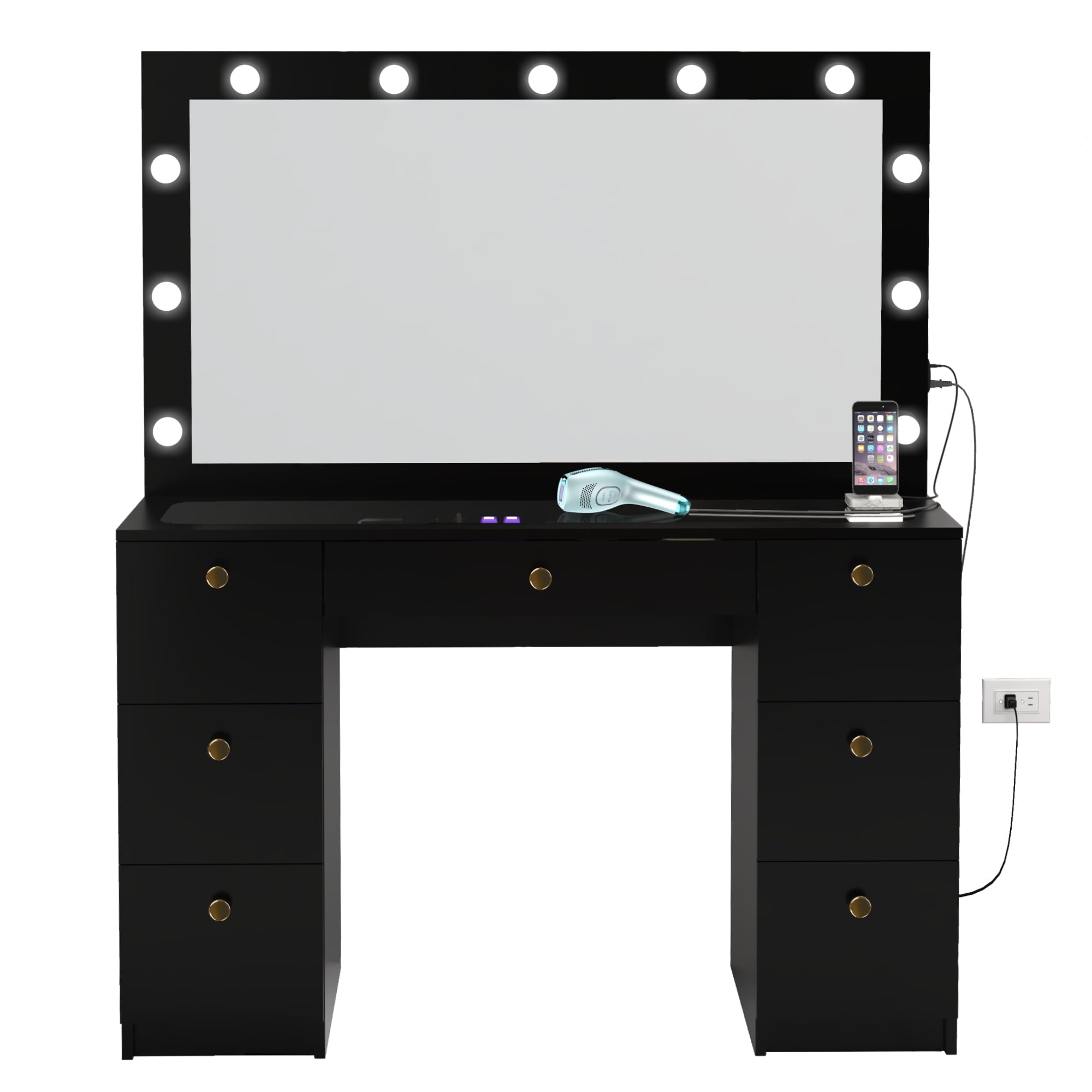 Ibbie Modern Vanity Table 7 Drawers Lights Mirror Crystal Knobs Glass Top White Painted for Bedroom