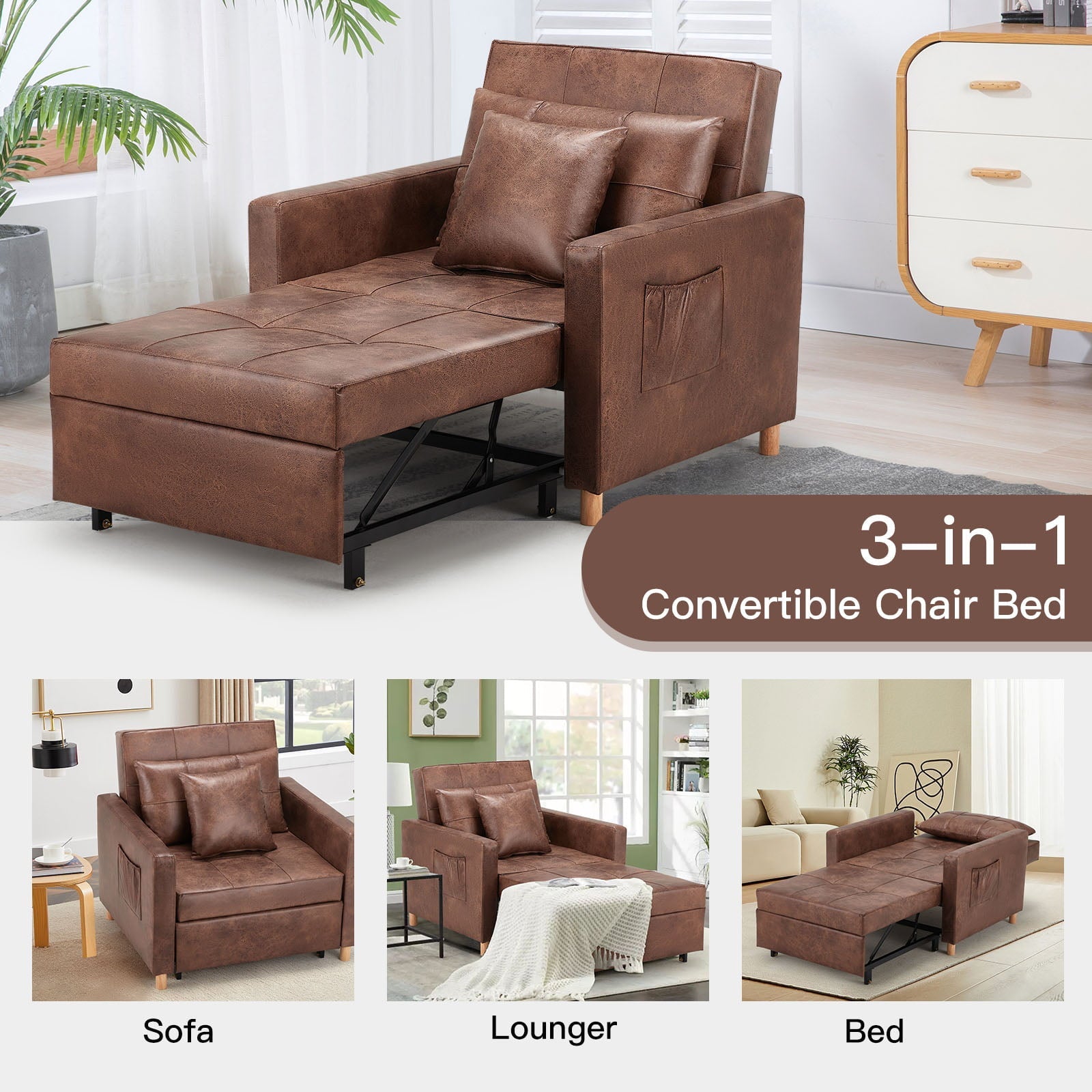 YODOLLA 3-in-1 Sofa Bed Chair, Convertible Sleeper Chair Bed-Saddle Brown