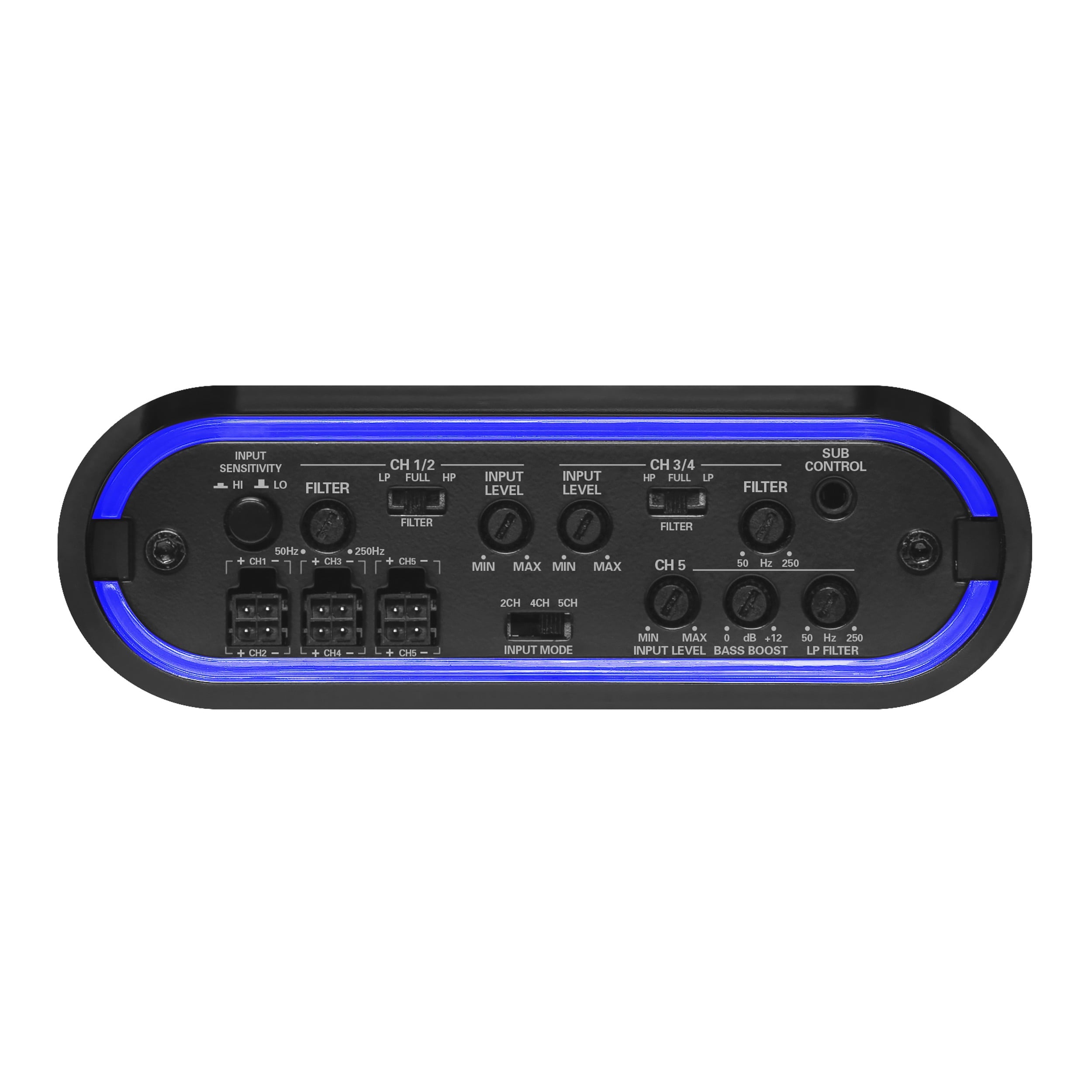 Planet Audio MB2200.5D Mini Bang Series Car Audio Amplifier - 2200 High Output, 5 Channel, Class D, 2 Ohm, Low/High Level Inputs, Low/High Pass Crossover, Full Range, Hook Up To Stereo and Subwoofer