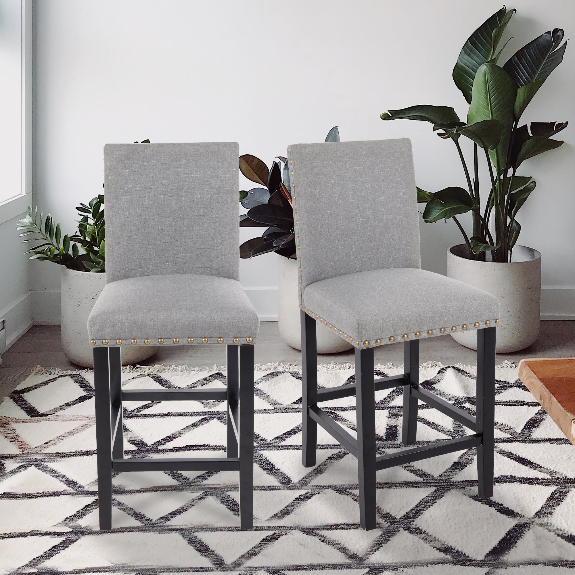 Counter Height Fabric Upholstered Wooden Chairs Barstools with Nailhead Trim in Gray, Set of 2
