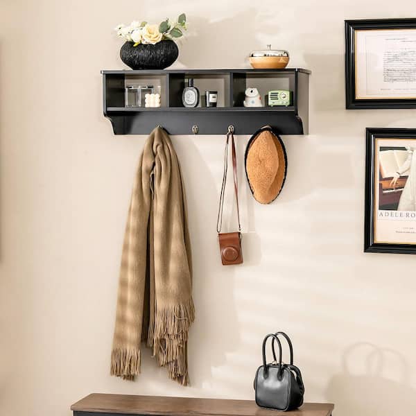 Versatile Wall-Mounted Coat Rack Space Saver with Wide and Flat Shelf Black