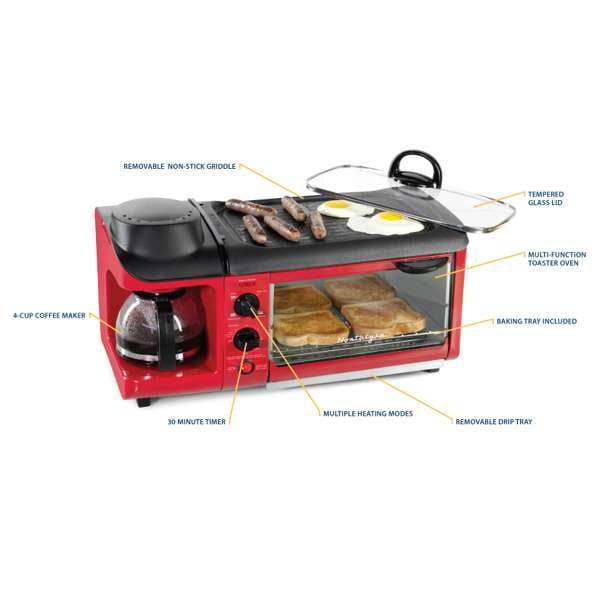 BST3RR Retro 3-in-1 Family Size Electric Breakfast Station, Coffeemaker, Griddle, Toaster Oven - Retro Red