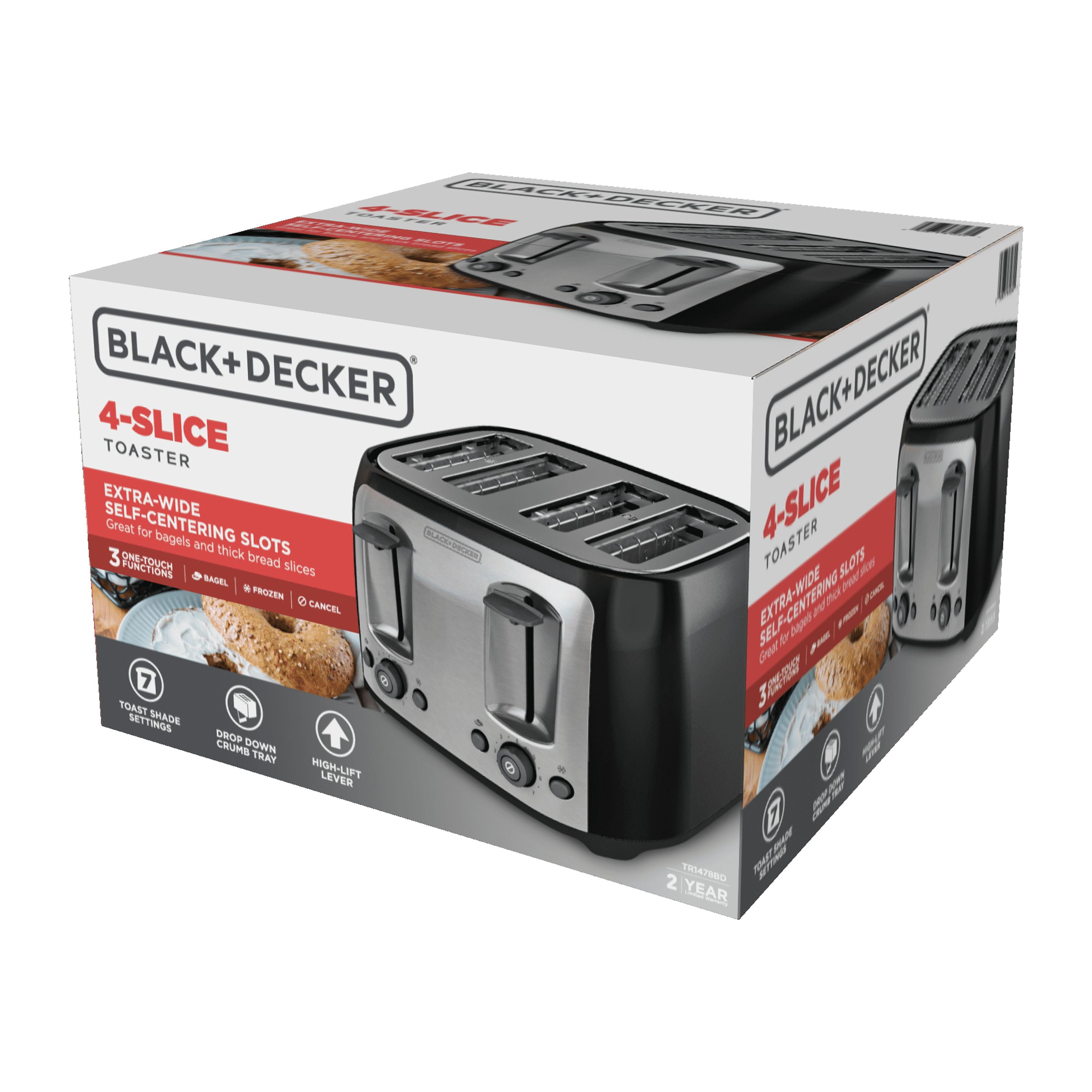 BLACK+DECKER 4-Slice Toaster with Extra-Wide Slots, Black/Silver, TR1478BD