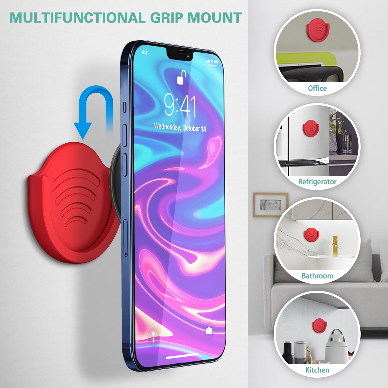 Grip Mount for Socket User, pop-tech 2 Pack Silicone Car Phone Holder for Phone Collapsible Grip/Stand with 3M Sticker Pads Replacement for Dashboard, Office, Home, Desk, Kitchen, Wall and More Red