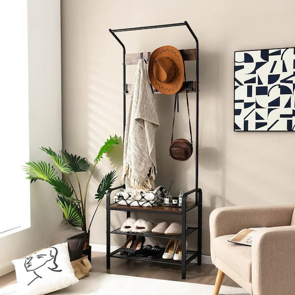 3 in 1 Industrial Hall Tree Coat Rack Shoe Bench W/Storage Shelf and 9-Hooks