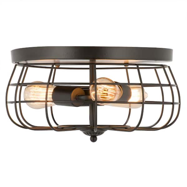 15 in. Industrial 3-Light Oil Rubbed Bronze Metal Cage Flush Mount